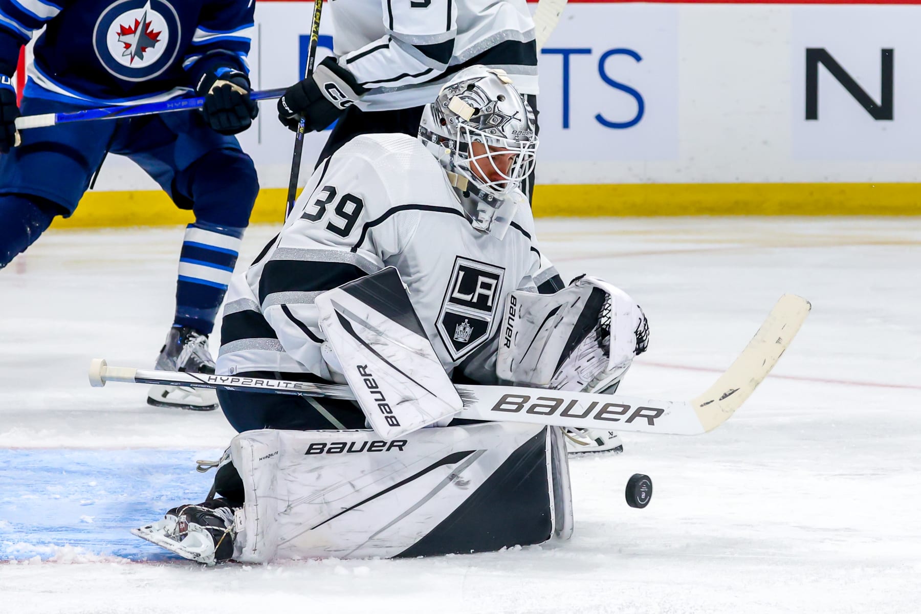 WINNIPEG, CANADA - OCTOBER 17: Goaltender Cam Talbot #39 of the Los Angeles Kings makes a save during second period action against the Winnipeg Jets at Canada Life Centre on October 17, 2023 in Winnipeg, Manitoba, Canada. (Photo by Jonathan Kozub/NHLI via Getty Images)