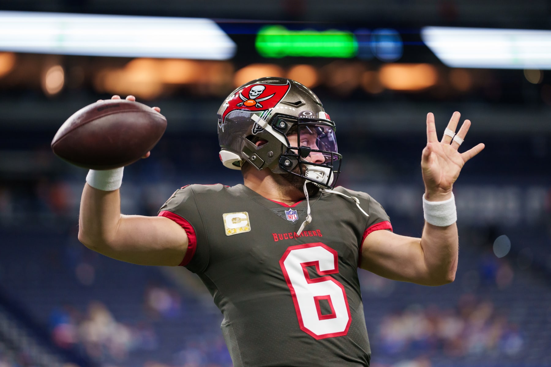 INDIANAPOLIS, INDIANA - NOVEMBER 26: Quarterback Baker Mayfield #6 of the Tampa Bay Buccaneers warms up prior to an NFL football game against the Indianapolis Colts  on November 26, 2023 in Indianapolis, Indiana.The Colts beat the Buccaneers 27-20. (Photo by Todd Rosenberg/Getty Images)