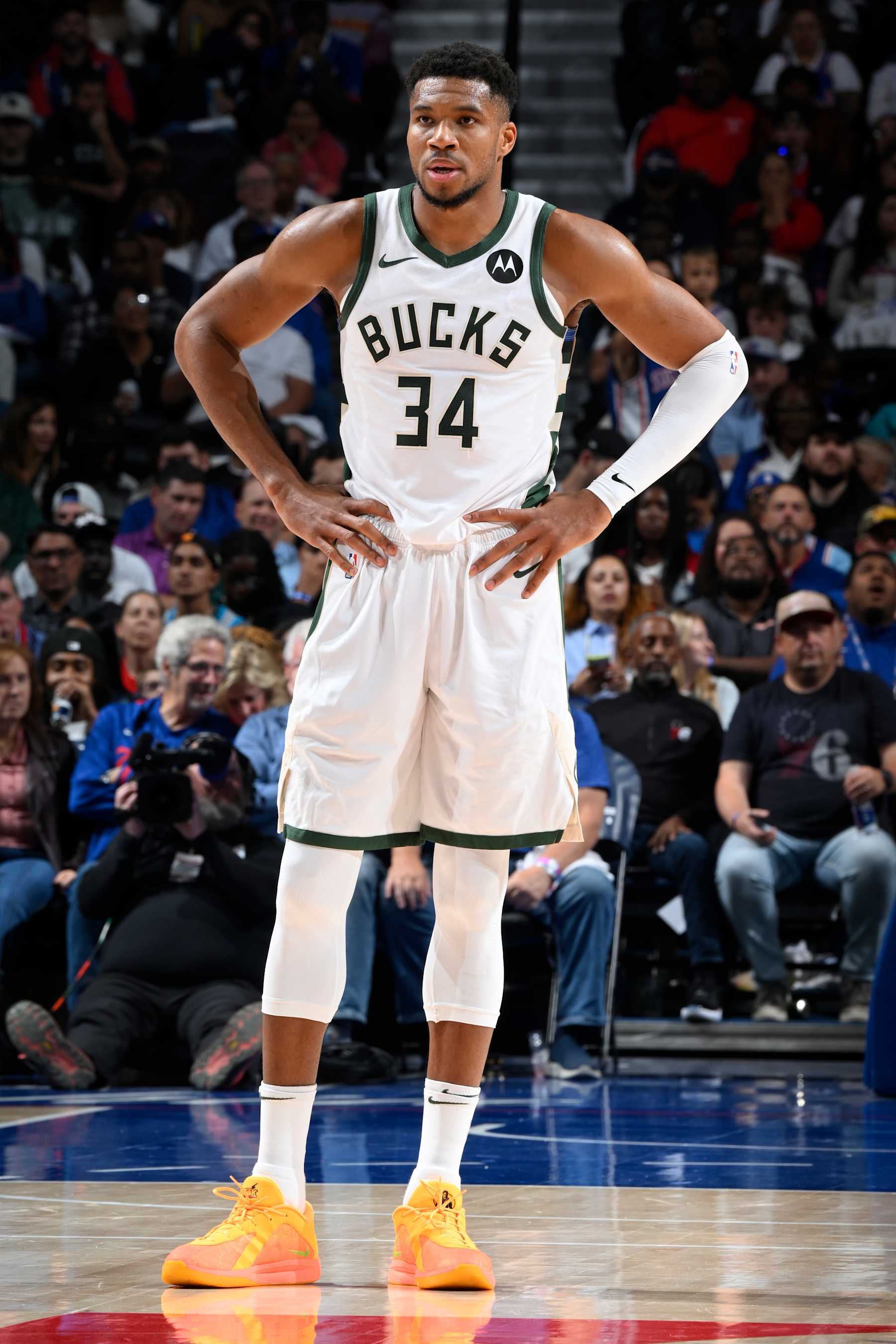 PHILADELPHIA, PA - OCTOBER 23: Giannis Antetokounmpo #34 of the Milwaukee Bucks looks on during the game against the Philadelphia 76ers on October 23, 2024 at the Wells Fargo Center in Philadelphia, Pennsylvania NOTE TO USER: User expressly acknowledges and agrees that, by downloading and/or using this Photograph, user is consenting to the terms and conditions of the Getty Images License Agreement. Mandatory Copyright Notice: Copyright 2024 NBAE (Photo by David Dow/NBAE via Getty Images)