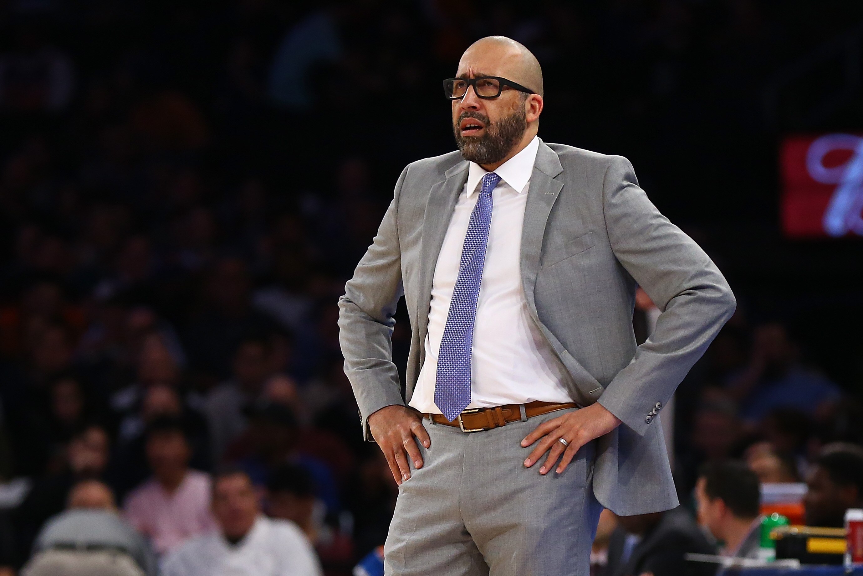 NEW YORK, NEW YORK - NOVEMBER 24:  Head Coach David Fizdale of the New York Knicks looks on against the Brooklyn Nets at Madison Square Garden on November 24, 2019 in New York City.Brooklyn Nets defeated the New York Knicks 103-101. NOTE TO USER: User expressly acknowledges and agrees that, by downloading and or using this photograph, User is consenting to the terms and conditions of the Getty Images License Agreement.  (Photo by Mike Stobe/Getty Images)