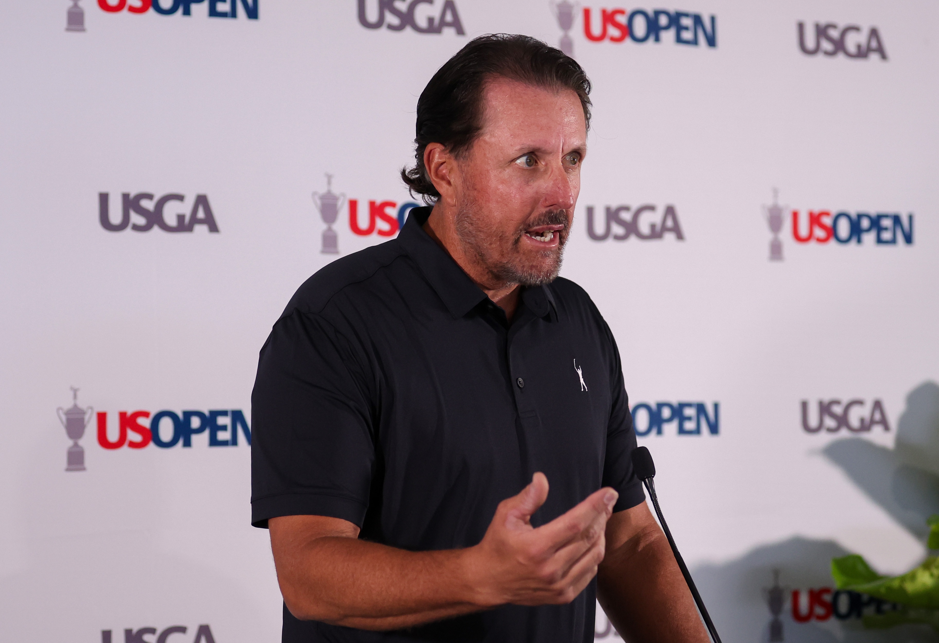 BROOKLINE, MASSACHUSETTS - JUNE 13: Phil Mickelson of the United States speaks to the media during a press conference prior to the 2022 U.S. Open at The Country Club on June 13, 2022 in Brookline, Massachusetts. (Photo by Warren Little/Getty Images)