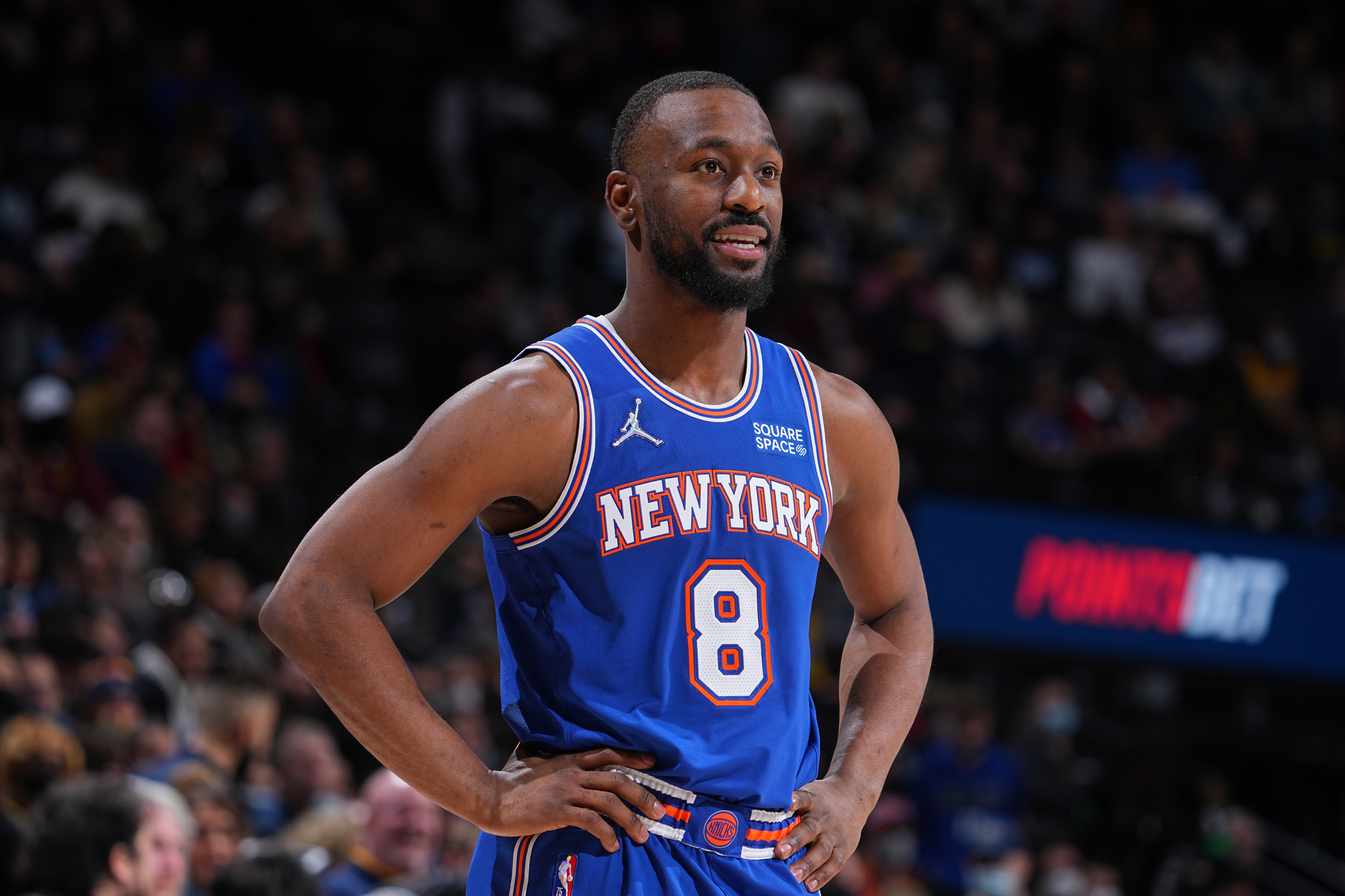 DENVER, CO - FEBRUARY 8: Kemba Walker #8 of the New York Knicks looks on during the game against the Denver Nuggets on February 8, 2022 at the Ball Arena in Denver, Colorado. NOTE TO USER: User expressly acknowledges and agrees that, by downloading and/or using this Photograph, user is consenting to the terms and conditions of the Getty Images License Agreement. Mandatory Copyright Notice: Copyright 2022 NBAE (Photo by Bart Young/NBAE via Getty Images)