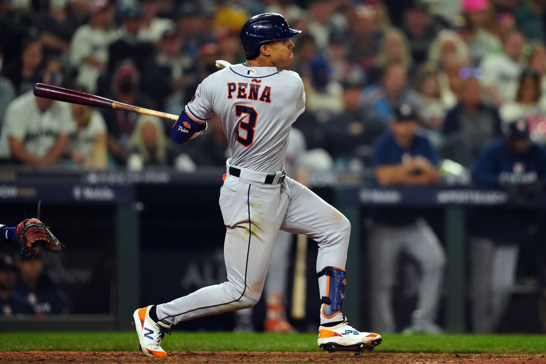 SEATTLE, WA - OCTOBER 15:  Jeremy Peña #3 of the Houston Astros hits a solo home run in the 18th inning during the game between the Houston Astros and the Seattle Mariners at T-Mobile Park on Saturday, October 15, 2022 in Seattle, Washington. (Photo by Daniel Shirey/MLB Photos via Getty Images)