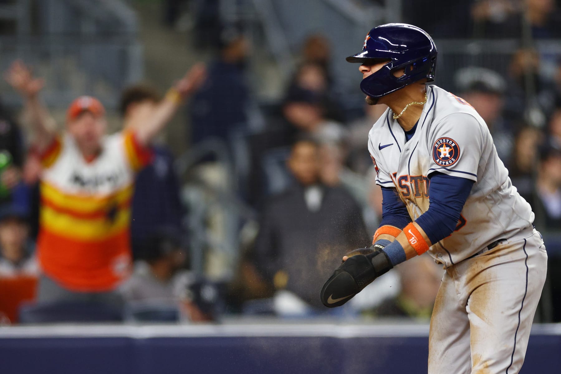NEW YORK, NEW YORK - OCTOBER 22: Yuli Gurriel #10 of the Houston Astros celebrates after scoring a run against the New York Yankees during the sixth inning in game three of the American League Championship Series at Yankee Stadium on October 22, 2022 in New York City. (Photo by Elsa/Getty Images)