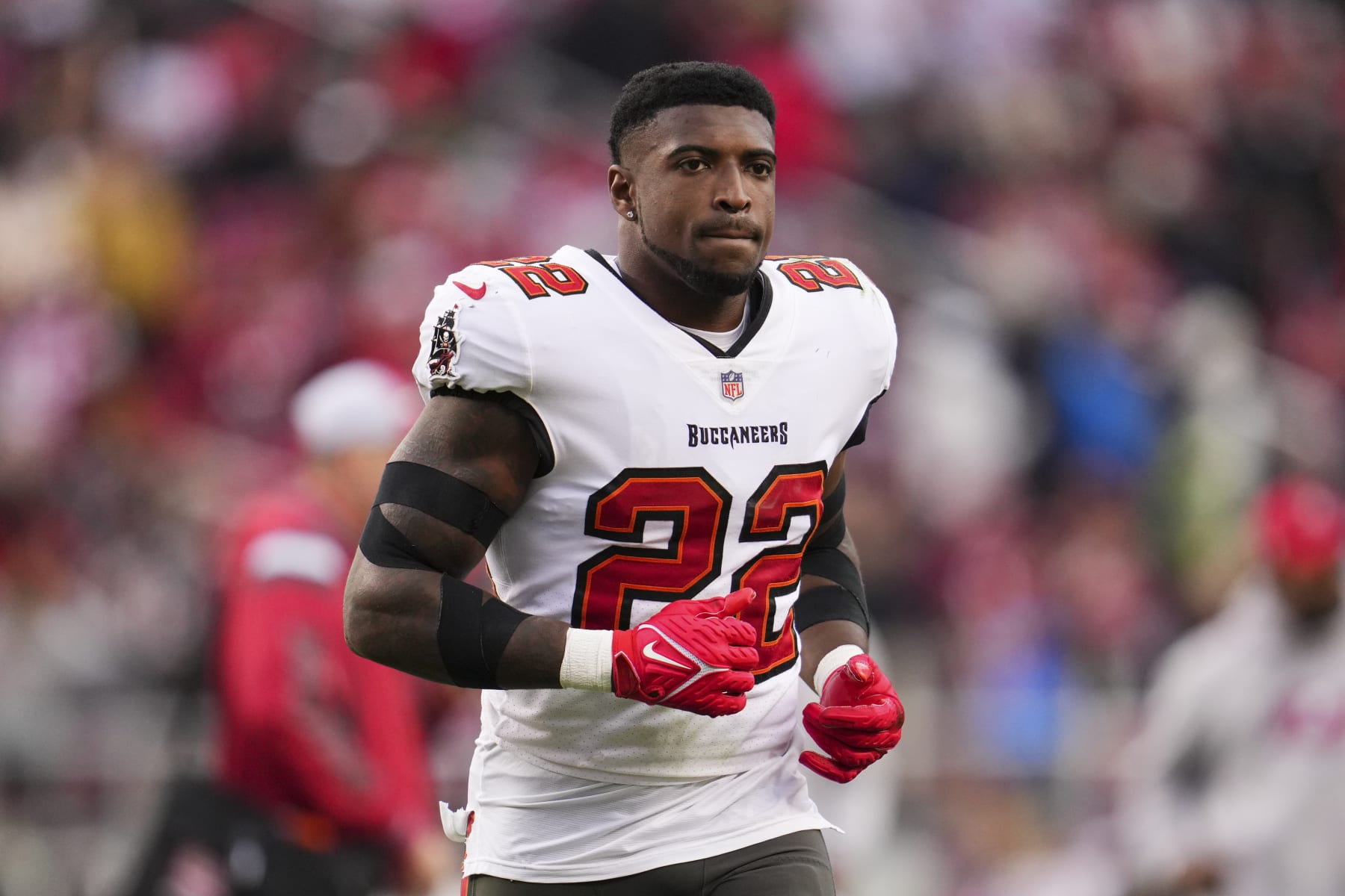 SANTA CLARA, CA - DECEMBER 11: Keanu Neal #22 of the Tampa Bay Buccaneers runs off of the field against the San Francisco 49ers at Levi's Stadium on December 11, 2022 in Santa Clara, California. (Photo by Cooper Neill/Getty Images)