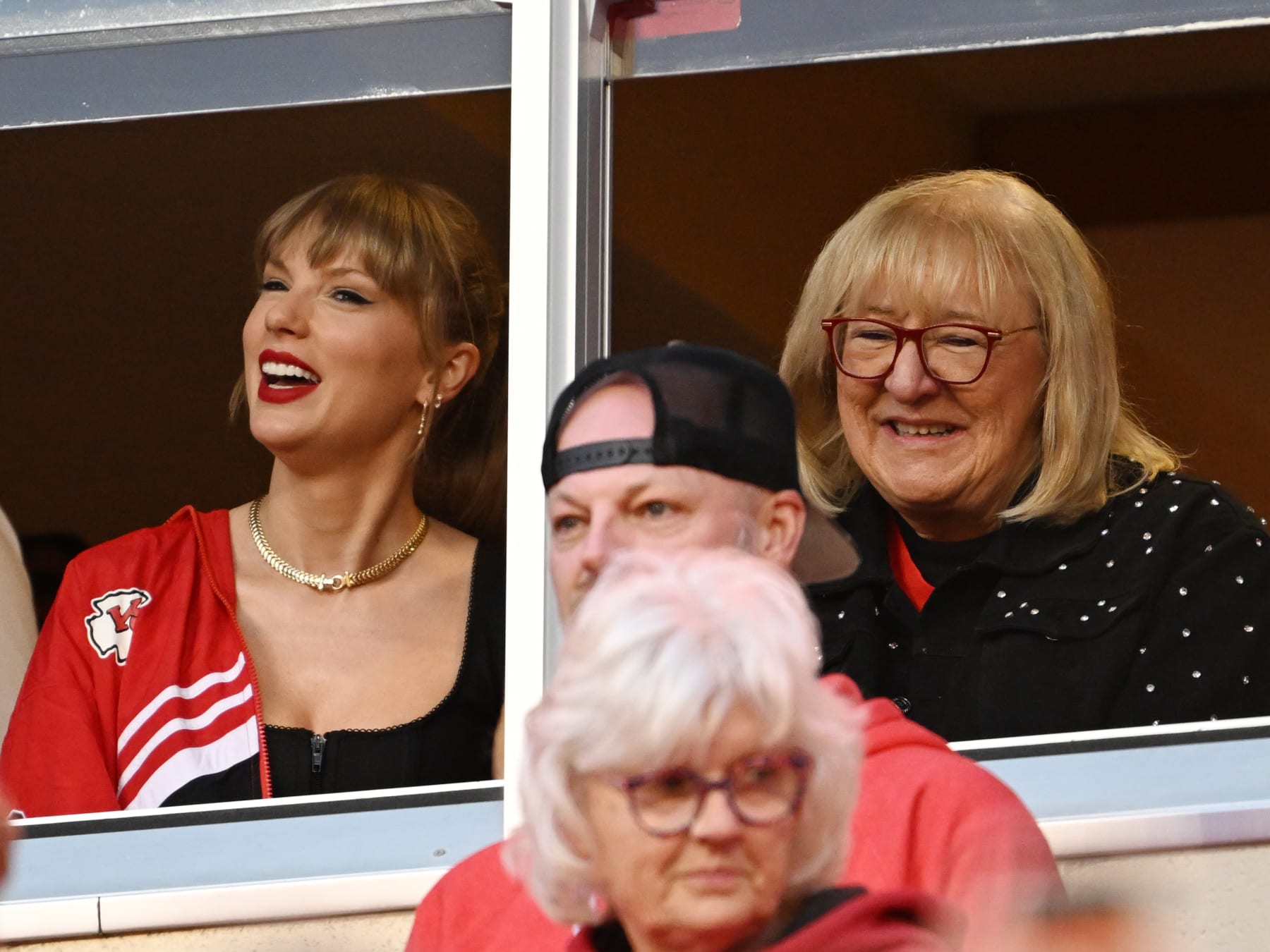 KANSAS CITY, MISSOURI - OCTOBER 12: Pop superstar Taylor Swift, left, and Donna Kelce, mother of Chiefs tight end Travis Kelce get ready to watched the game at GEHA Field at Arrowhead Stadium on October 12, 2023 in Kansas City, Missouri. The Kansas City Chiefs will take on the Denver Broncos during week 6 of the NFL regular season. (Photo by RJ Sangosti/MediaNews Group/The Denver Post via Getty Images)