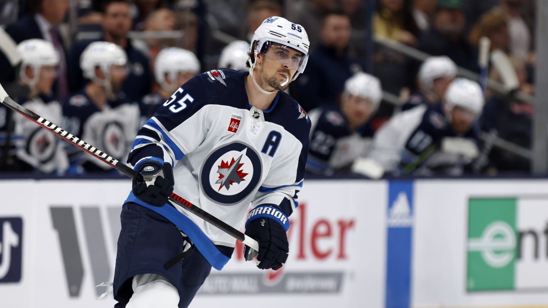 Winnipeg Jets forward Mark Scheifele skates against the Columbus Blue Jackets during an NHL hockey game in Columbus, Ohio, Thursday, Feb. 16, 2023. The Blue Jackets won 3-1. (AP Photo/Paul Vernon)