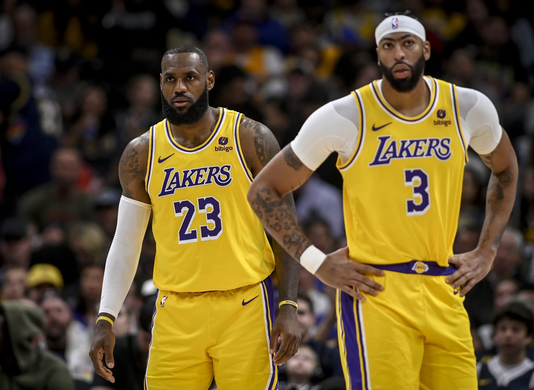 DENVER, CO - OCTOBER 24: LeBron James (23) and Anthony Davis (3) of the Los Angeles Lakers watch as the Denver Nuggets bring the ball to the offensive end during the third quarter at Ball Arena in Denver on Tuesday, October 24, 2023. (Photo by AAron Ontiveroz/The Denver Post)