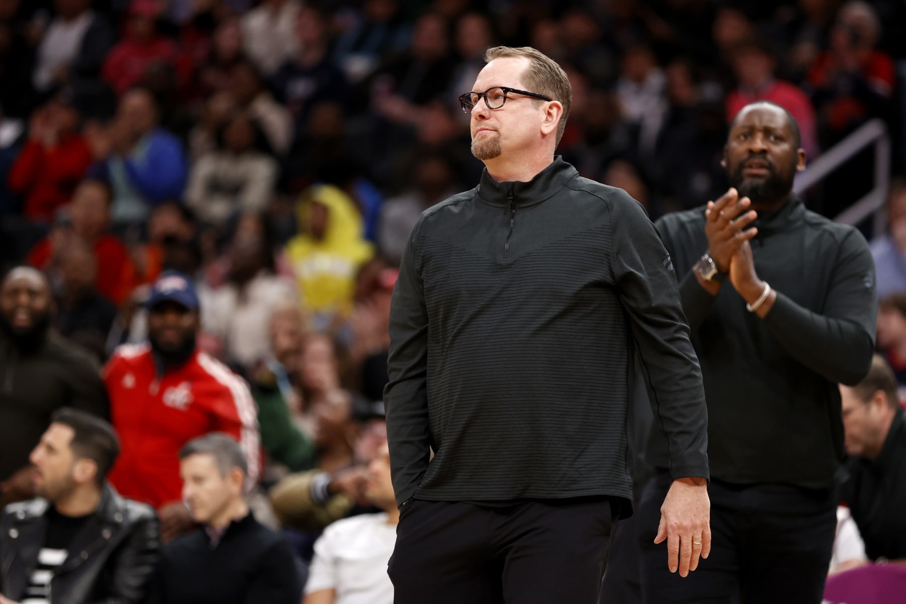 WASHINGTON, DC - MARCH 04: Head coach Nick Nurse of the Toronto Raptors looks on against the Washington Wizards looks on in the first half at Capital One Arena on March 04, 2023 in Washington, DC. NOTE TO USER: User expressly acknowledges and agrees that, by downloading and or using this photograph, User is consenting to the terms and conditions of the Getty Images License Agreement. (Photo by Rob Carr/Getty Images)