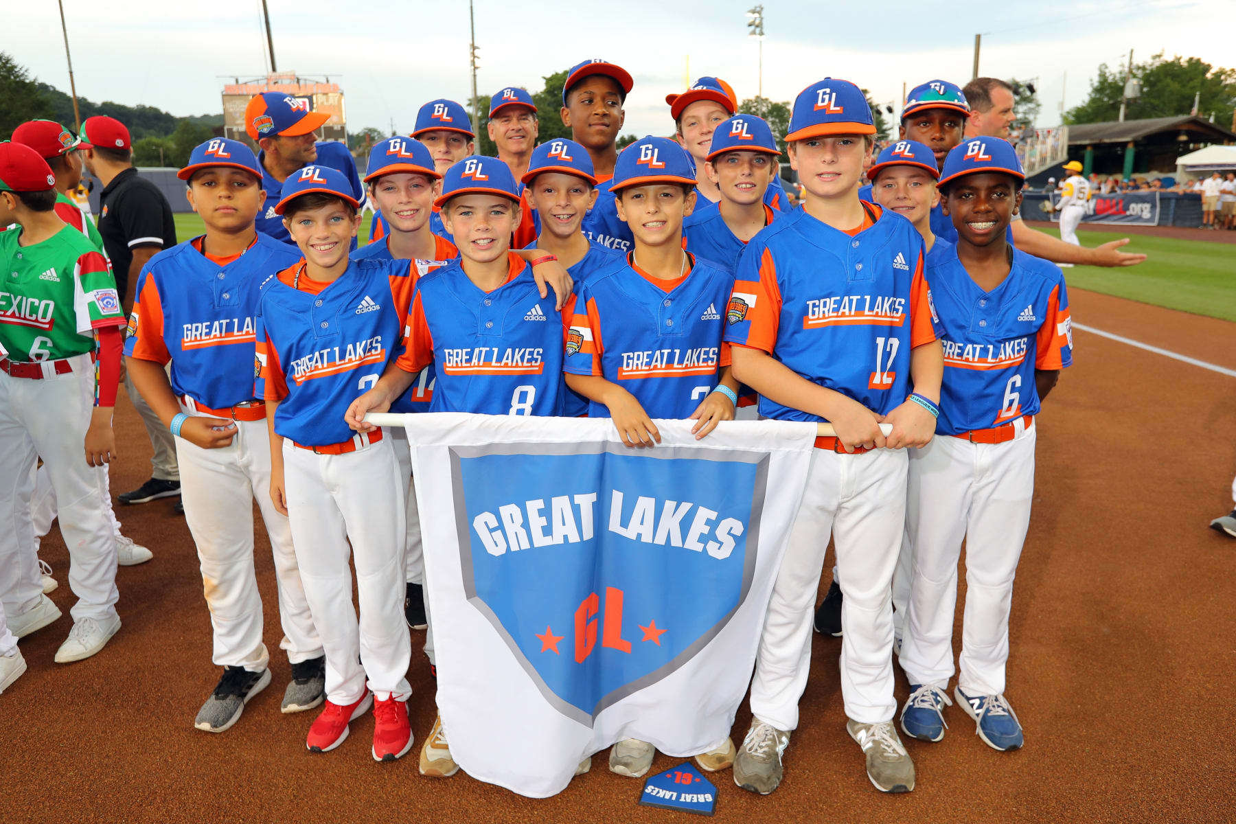 SOUTH WILLIAMSPORT, PA - AUGUST 18:  Members of the Great Lakes Team are seen on the field during the pre-game ceremony prior to the 2019 Little League Classic between the Chicago Cubs and the Pittsburgh Pirates at Bowman Field on Sunday, August 18, 2019 in South Williamsport, Pennsylvania. (Photo by Alex Trautwig/MLB Photos via Getty Images)