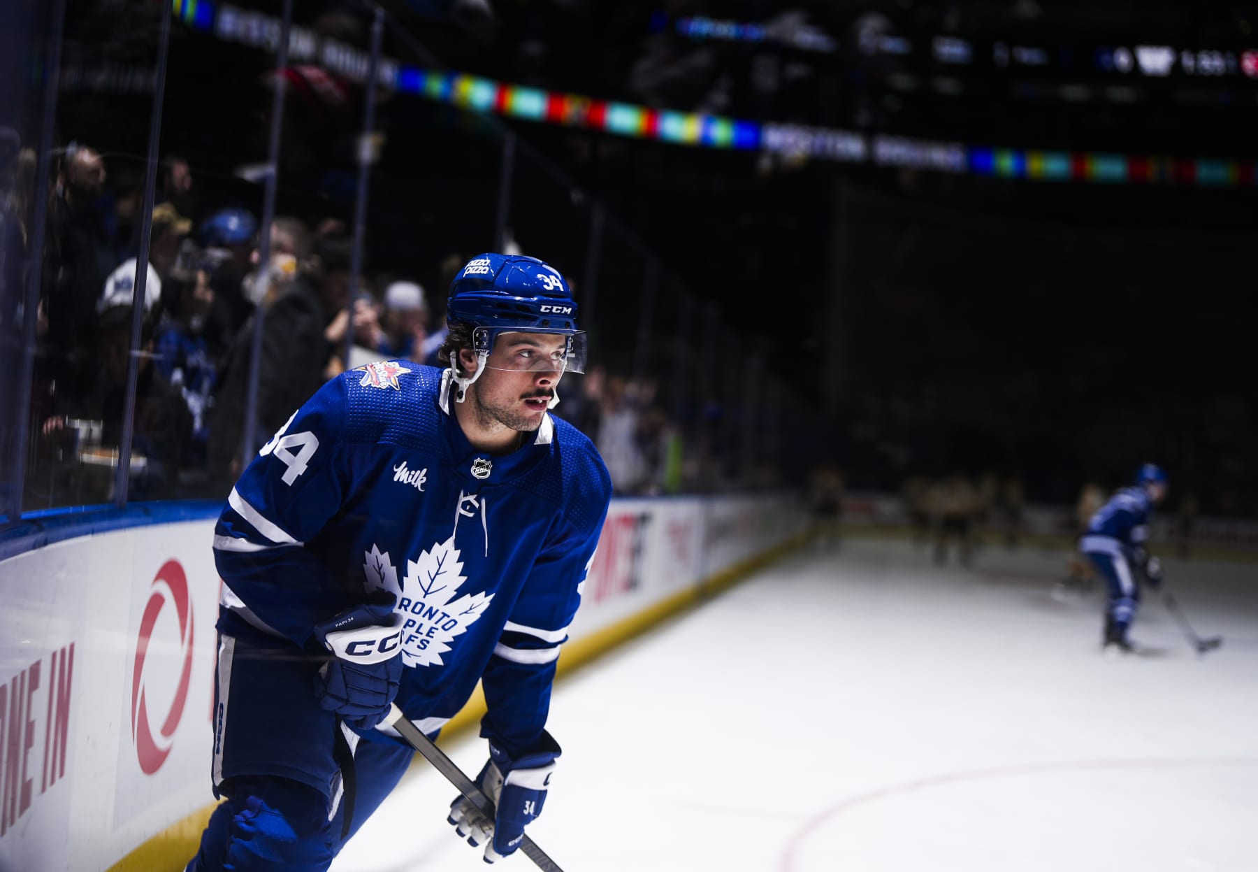 TORONTO, ON - DECEMBER 2: Auston Matthews #34 of the Toronto Maple Leafs takes part in warm up before playing the Boston Bruins at the Scotiabank Arena on December 2, 2023 in Toronto, Ontario, Canada. (Photo by Mark Blinch/NHLI via Getty Images)