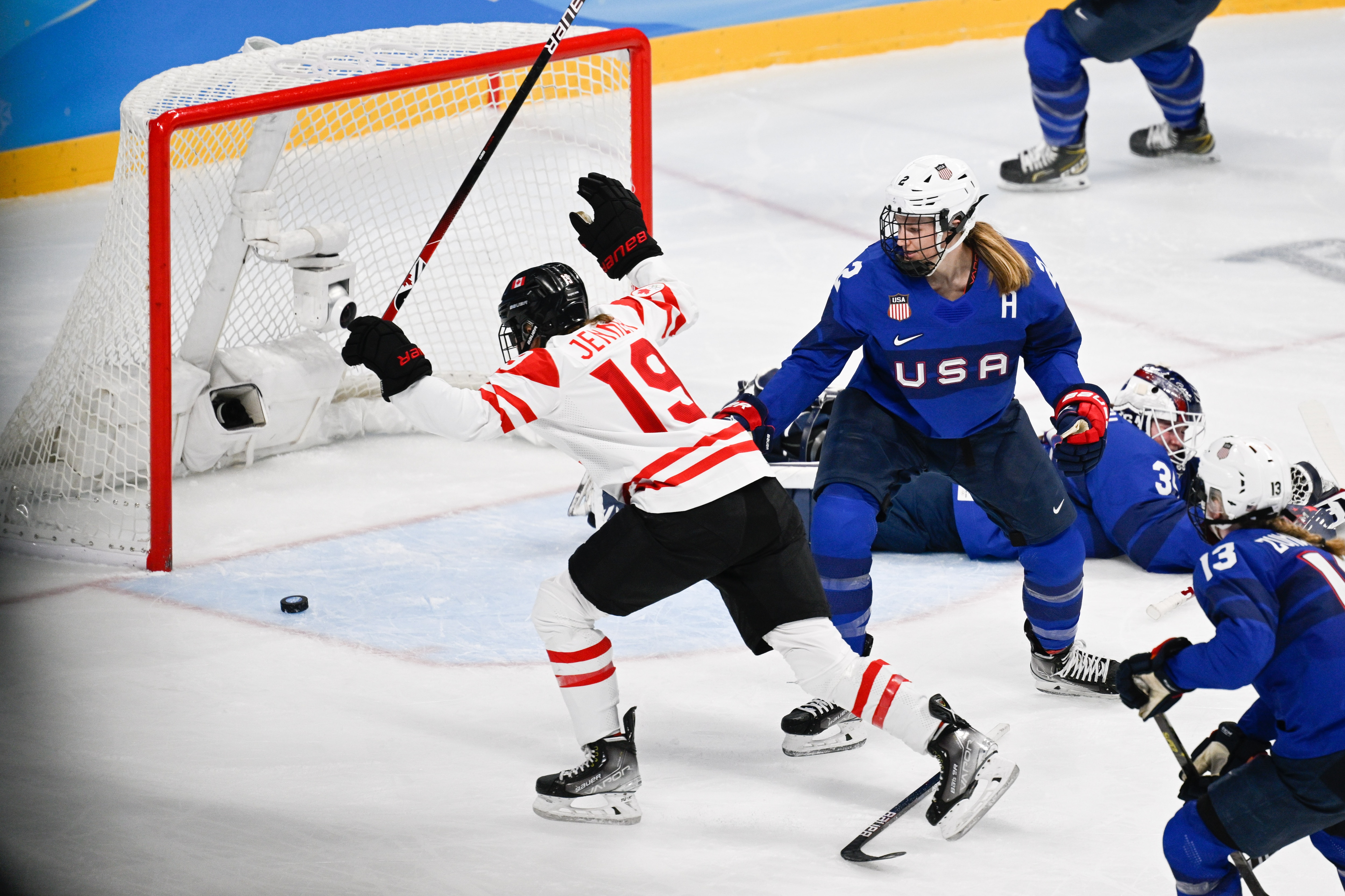 BEIJING, CHINA - FEBRUARY 08: Brianne Jenner of Canada celebrates after scoring her team's second goal in the match between USA and Canada during the Beijing 2022 Winter Olympics at National Indoor Stadium on February 8, 2022 in Beijing, China. (Photo by Mario Hommes/DeFodi Images via Getty Images)