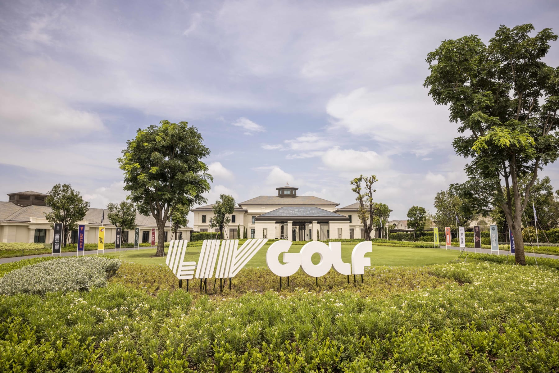 A sign for LIV Golf sign at the Stonehill Golf Course in Pathum Thani, Thailand, on Thursday, Sept. 22, 2022. Thailands newly opened Stonehill is a pet project of Sarath Ratanavadi, the countrys second-richest man. Photographer: Andre Malerba/Bloomberg via Getty Images
