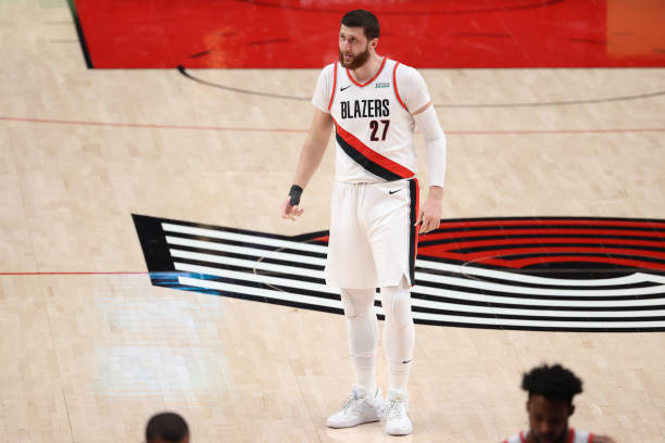 PORTLAND, OREGON - APRIL 02: Jusuf Nurkic #27 of the Portland Trail Blazers reacts in the second quarter against the Milwaukee Bucks at Moda Center on April 02, 2021 in Portland, Oregon. NOTE TO USER: User expressly acknowledges and agrees that, by downloading and or using this photograph, User is consenting to the terms and conditions of the Getty Images License Agreement.  (Photo by Abbie Parr/Getty Images)