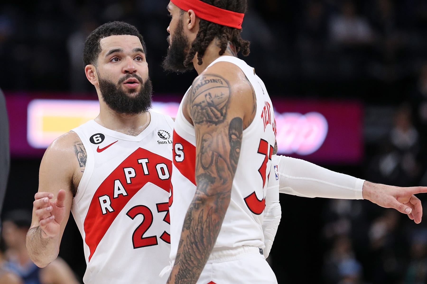 MEMPHIS, TENNESSEE - FEBRUARY 05: Fred VanVleet #23 of the Toronto Raptors and Gary Trent Jr. #33 during the game against the Memphis Grizzlies at FedExForum on February 05, 2023 in Memphis, Tennessee. NOTE TO USER: User expressly acknowledges and agrees that, by downloading and or using this photograph, User is consenting to the terms and conditions of the Getty Images License Agreement. (Photo by Justin Ford/Getty Images)