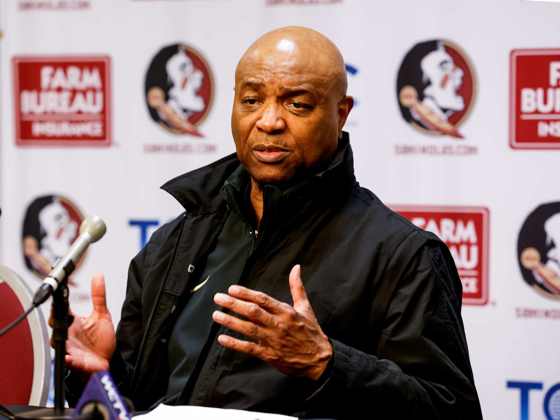 TALLAHASSEE, FL - MARCH 09: Head Coach Leonard Hamilton of the Florida State Seminoles talk with the media during the post game press conference after the game against the Miami Hurricanes at the Donald L. Tucker Center on March 9, 2024 in Tallahassee, Florida. The Seminoles defeated the Hurricanes 83 to 75. (Photo by Don Juan Moore/Getty Images)
