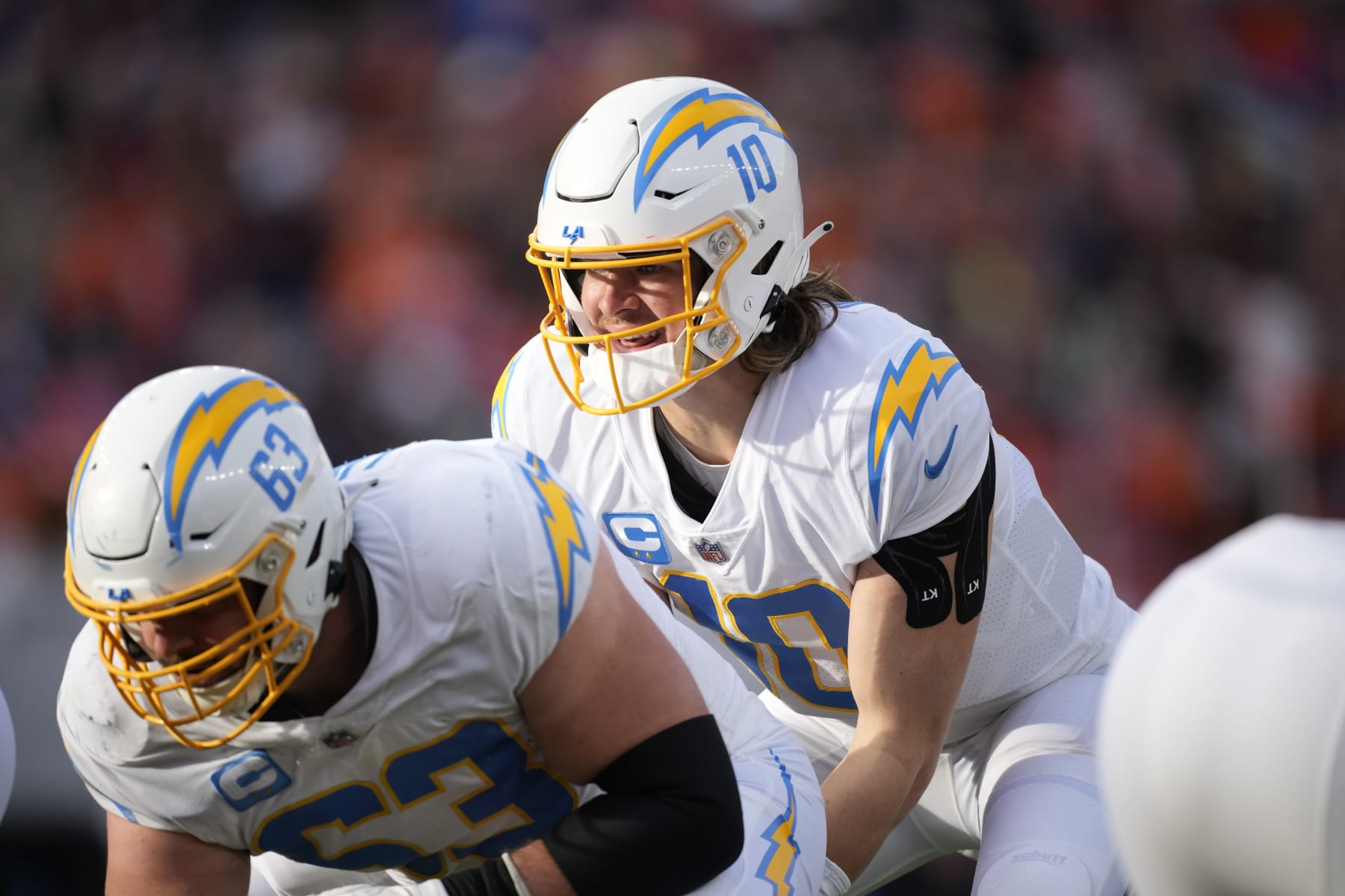 Los Angeles Chargers quarterback Justin Herbert (10) in an NFL football game Sunday, Jan. 8, 2023, in Denver. (AP Photo/David Zalubowski)