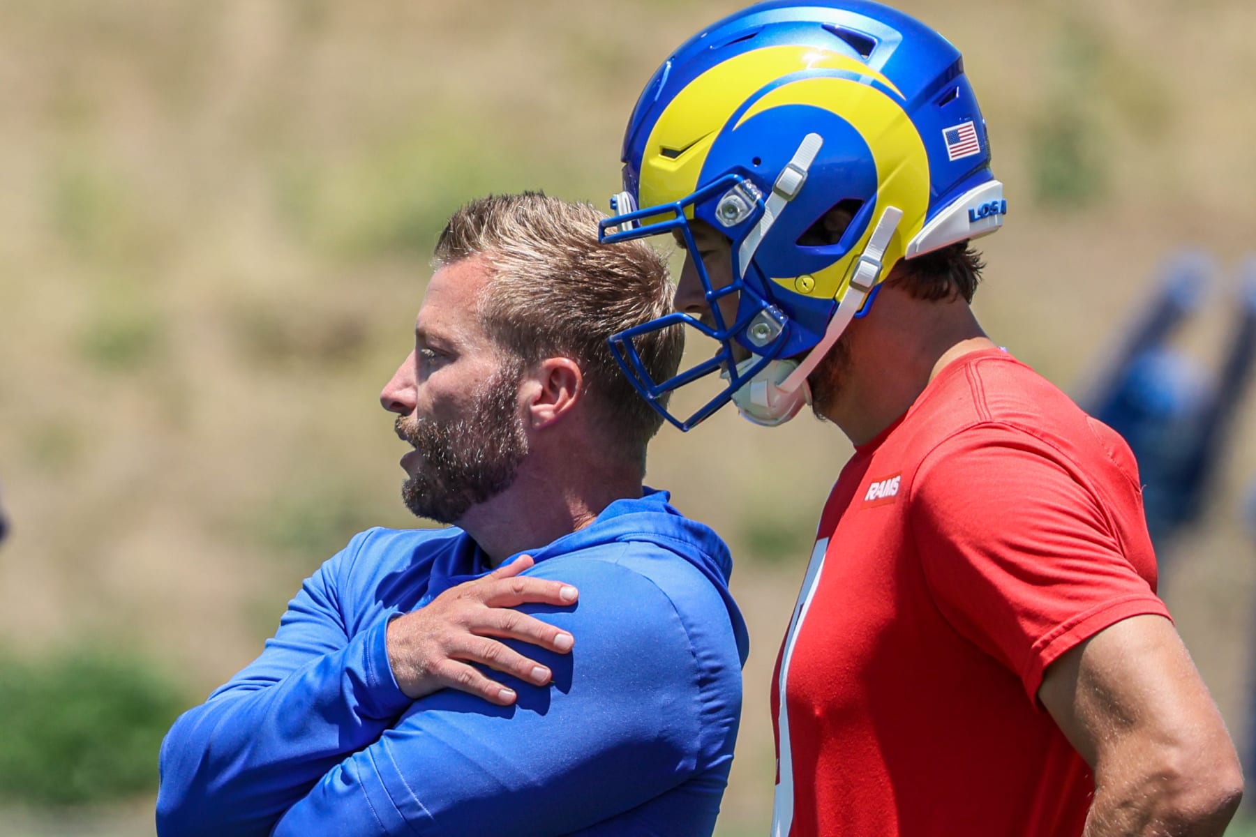 Thousand Oaks, CA, Tuesday, June 11, 2024 - LA Rams head coach Sean McVay talks with quarterback Matthew Stafford at the team's last day of OTA practice at Cal Lutheran University. (Robert Gauthier/Los Angeles Times via Getty Images)
