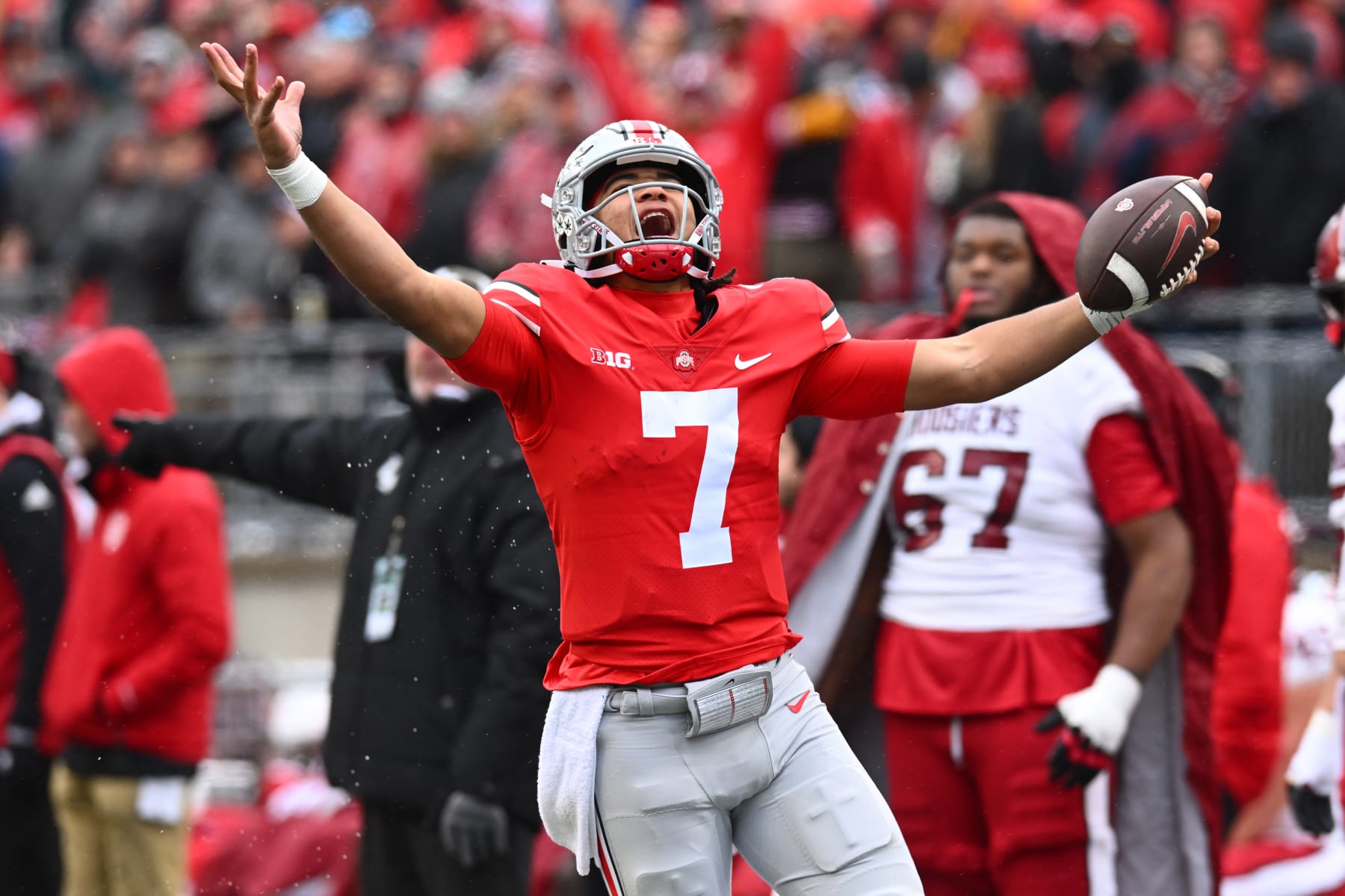 COLUMBUS, OHIO - NOVEMBER 12: C.J. Stroud #7 of the Ohio State Buckeyes reacts after being called for stepping out of bounds during the third quarter of a game against the Indiana Hoosiers at Ohio Stadium on November 12, 2022 in Columbus, Ohio. (Photo by Ben Jackson/Getty Images)