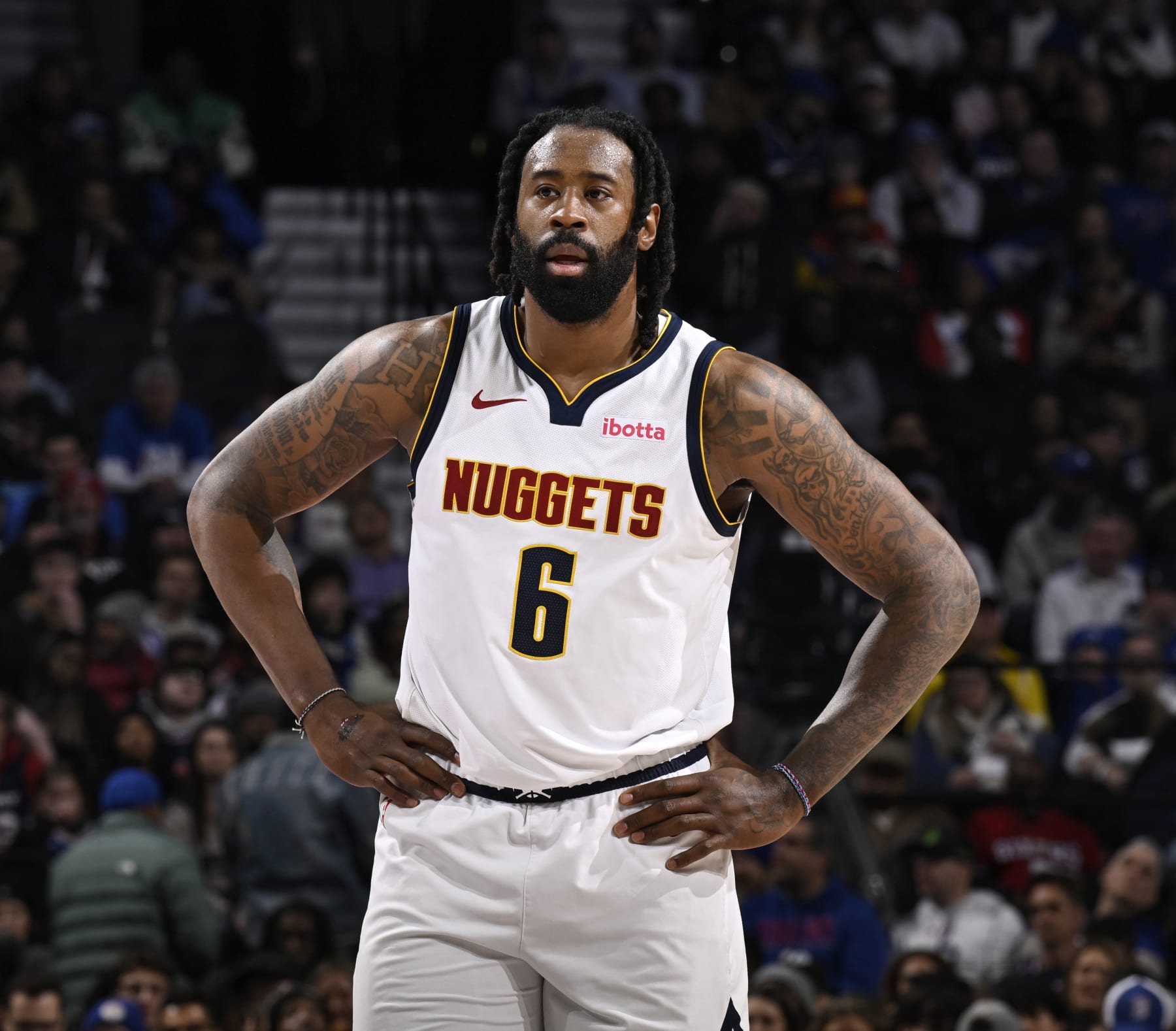 PHILADELPHIA, PA - JANUARY 16: DeAndre Jordan #6 of the Denver Nuggets looks on during the game against the Philadelphia 76ers on January 16, 2024 at the Wells Fargo Center in Philadelphia, Pennsylvania NOTE TO USER: User expressly acknowledges and agrees that, by downloading and/or using this Photograph, user is consenting to the terms and conditions of the Getty Images License Agreement. Mandatory Copyright Notice: Copyright 2024 NBAE (Photo by David Dow/NBAE via Getty Images)