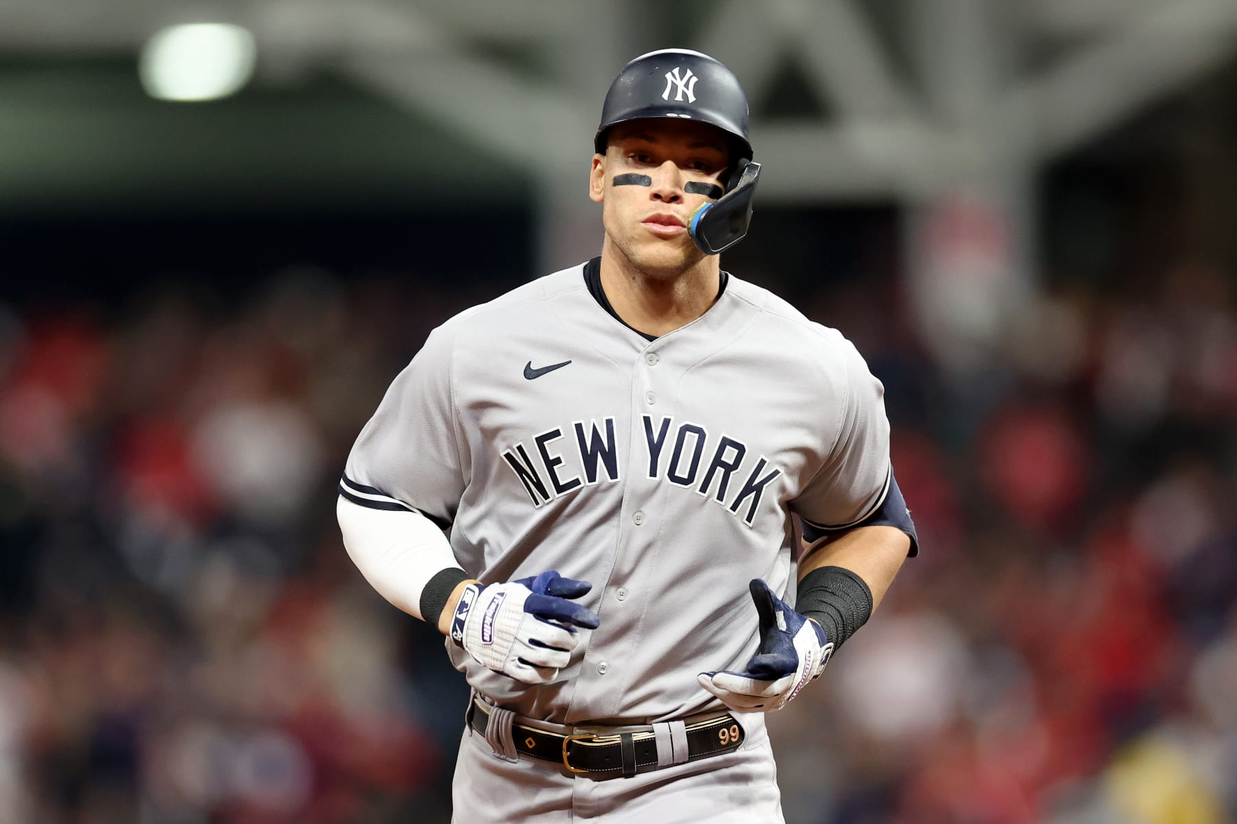 CLEVELAND, OHIO - OCTOBER 15: Aaron Judge #99 of the New York Yankees runs the bases after hitting a two run home run during the third inning against the Cleveland Guardians in game three of the American League Division Series at Progressive Field on October 15, 2022 in Cleveland, Ohio. (Photo by Christian Petersen/Getty Images)