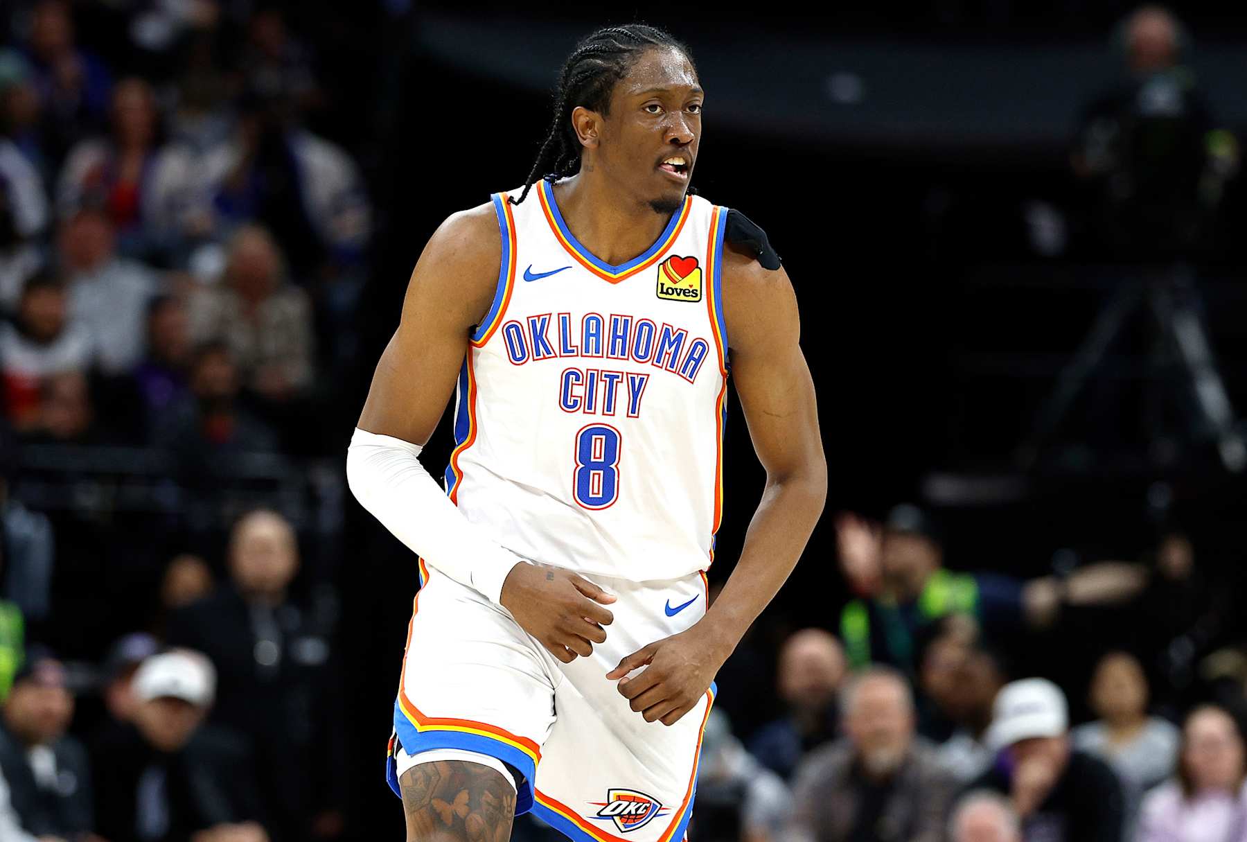 SACRAMENTO, CALIFORNIA - NOVEMBER 25: Jalen Williams #8 of the Oklahoma City Thunder reacts after making a three-point shot against the Sacramento Kings during the fourth quarter at Golden 1 Center on November 25, 2024 in Sacramento, California. NOTE TO USER: User expressly acknowledges and agrees that, by downloading and or using this photograph, User is consenting to the terms and conditions of the Getty Images License Agreement. (Photo by Thearon W. Henderson/Getty Images)