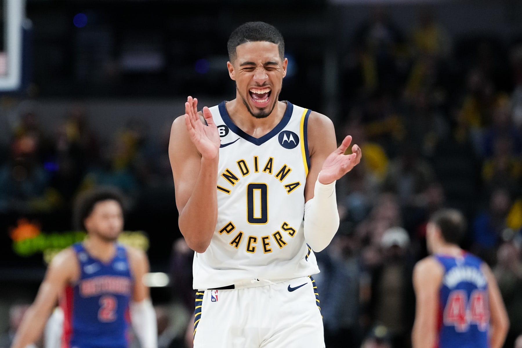 INDIANAPOLIS, INDIANA - OCTOBER 22: Tyrese Haliburton #0 of the Indiana Pacers celebrates in the fourth quarter against the Detroit Pistons at Gainbridge Fieldhouse on October 22, 2022 in Indianapolis, Indiana. NOTE TO USER: User expressly acknowledges and agrees that, by downloading and or using this photograph, User is consenting to the terms and conditions of the Getty Images License Agreement. (Photo by Dylan Buell/Getty Images)