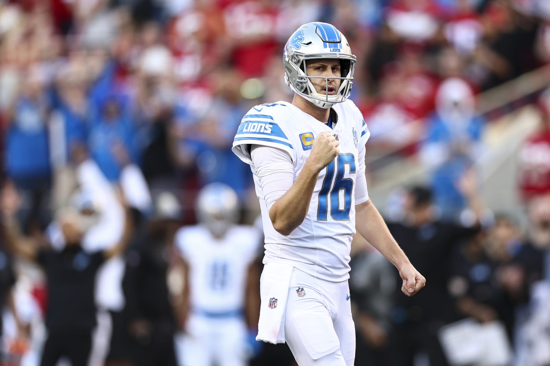 SANTA CLARA, CA - JANUARY 28: Jared Goff #16 of the Detroit Lions celebrates after a touchdown during the first quarter of the NFC Championship NFL football game against the San Francisco 49ers at Levi's Stadium on January 28, 2024 in Santa Clara, California. (Photo by Kevin Sabitus/Getty Images)