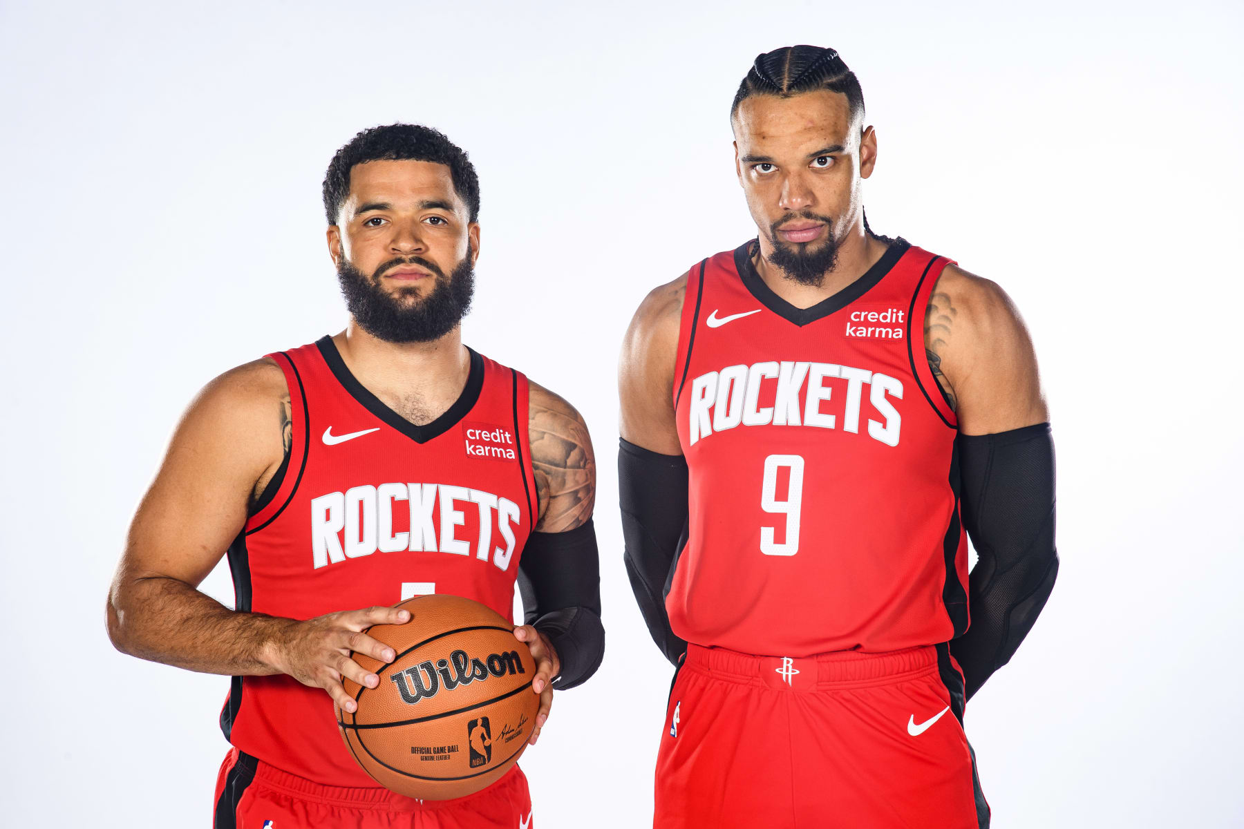 HOUSTON, TX - OCTOBER 02: Fred VanVleet #5 and Dillon Brooks #9 of the Houston Rockets poses for a portrait during 2023-24 NBA Media Day on October 2, 2023 at the Toyota Center in Houston, Texas. NOTE TO USER: User expressly acknowledges and agrees that, by downloading and or using this photograph, User is consenting to the terms and conditions of the Getty Images License Agreement. Mandatory Copyright Notice: Copyright 2023 NBAE (Photo by Logan Riely/NBAE via Getty Images)