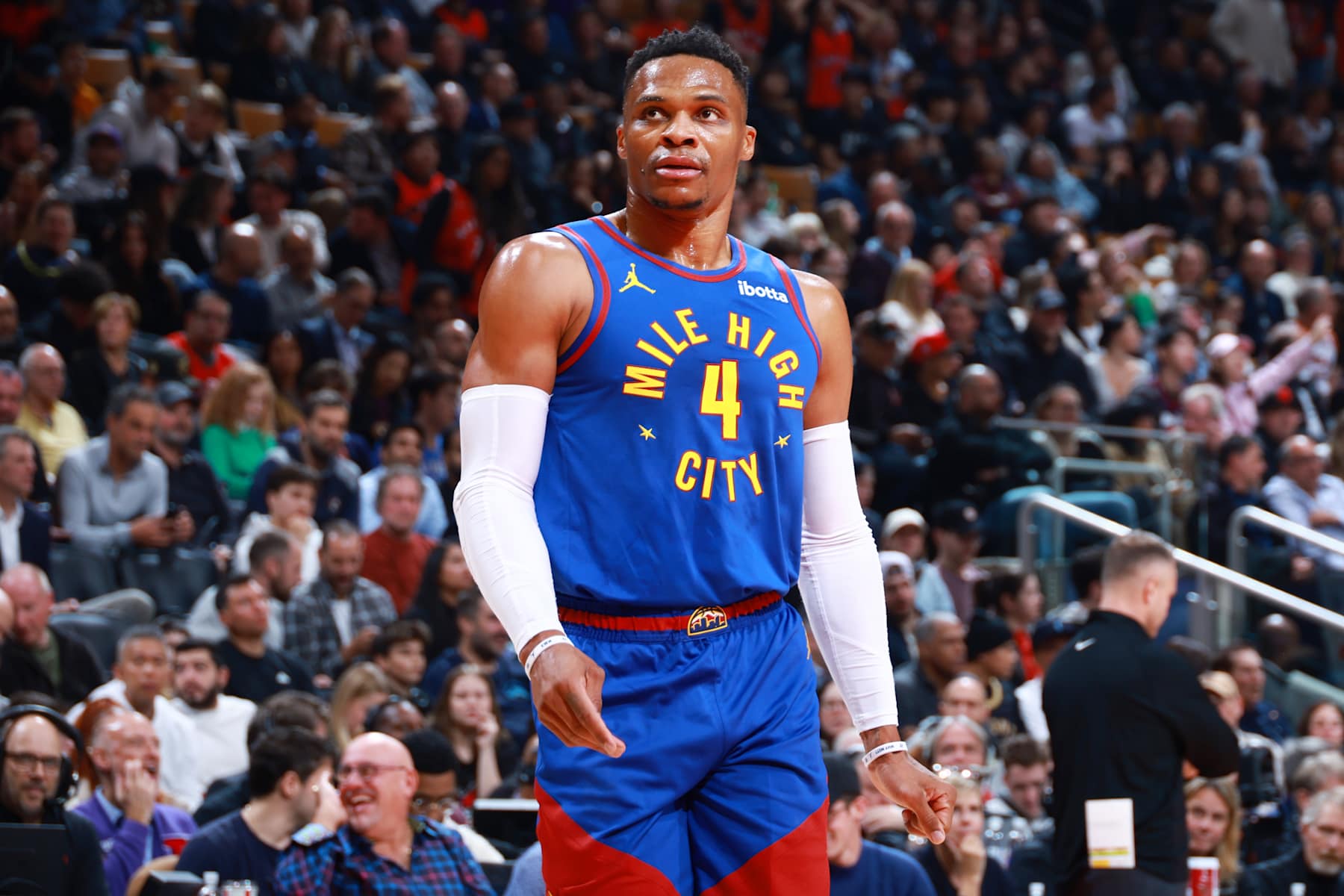 TORONTO, CANADA - OCTOBER 28: Russell Westbrook #4 of the Denver Nuggets looks on during the game against the Toronto Raptors on October 28, 2024 at the Scotiabank Arena in Toronto, Ontario, Canada.  NOTE TO USER: User expressly acknowledges and agrees that, by downloading and or using this Photograph, user is consenting to the terms and conditions of the Getty Images License Agreement.  Mandatory Copyright Notice: Copyright 2024 NBAE (Photo by Vaughn Ridley/NBAE via Getty Images)