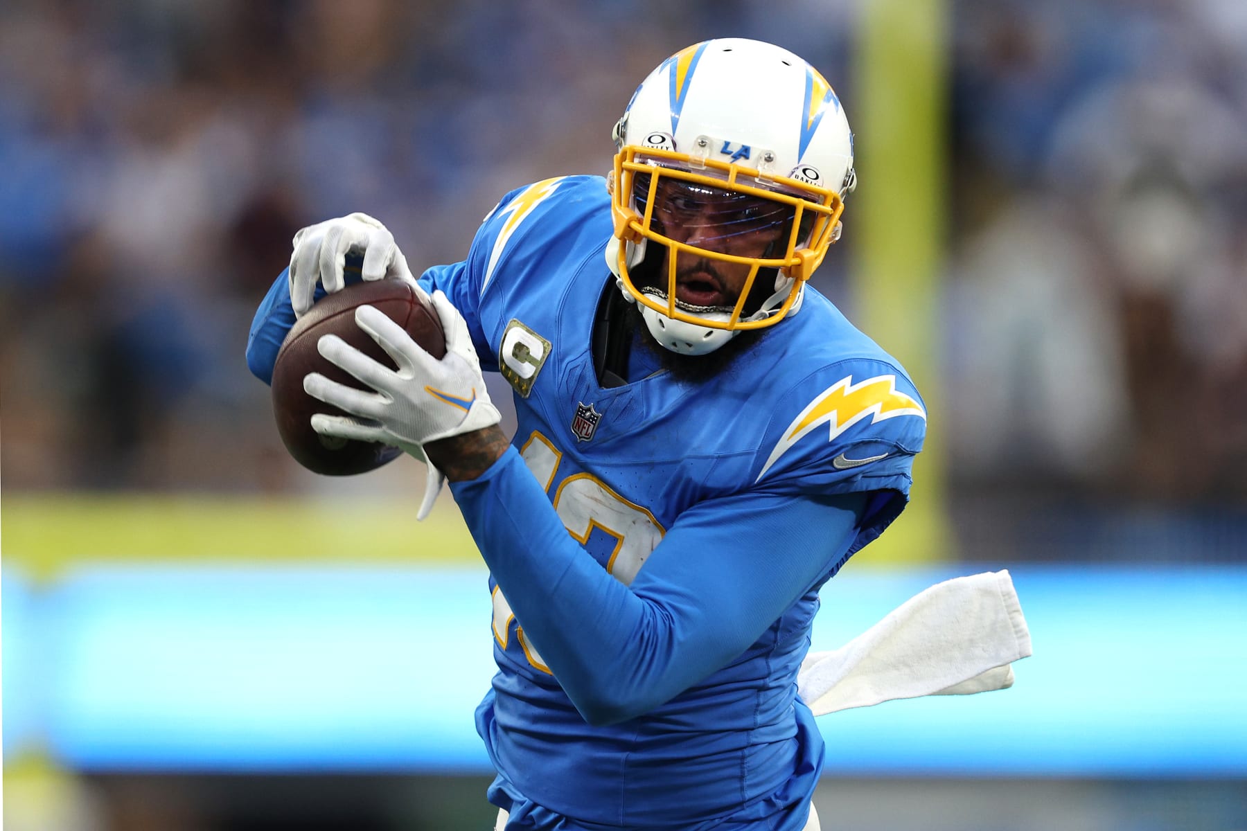 INGLEWOOD, CALIFORNIA - NOVEMBER 12: Keenan Allen #13 of the Los Angeles Chargers catches a pass during the fourth quarter against the Detroit Lions at SoFi Stadium on November 12, 2023 in Inglewood, California. (Photo by Harry How/Getty Images)