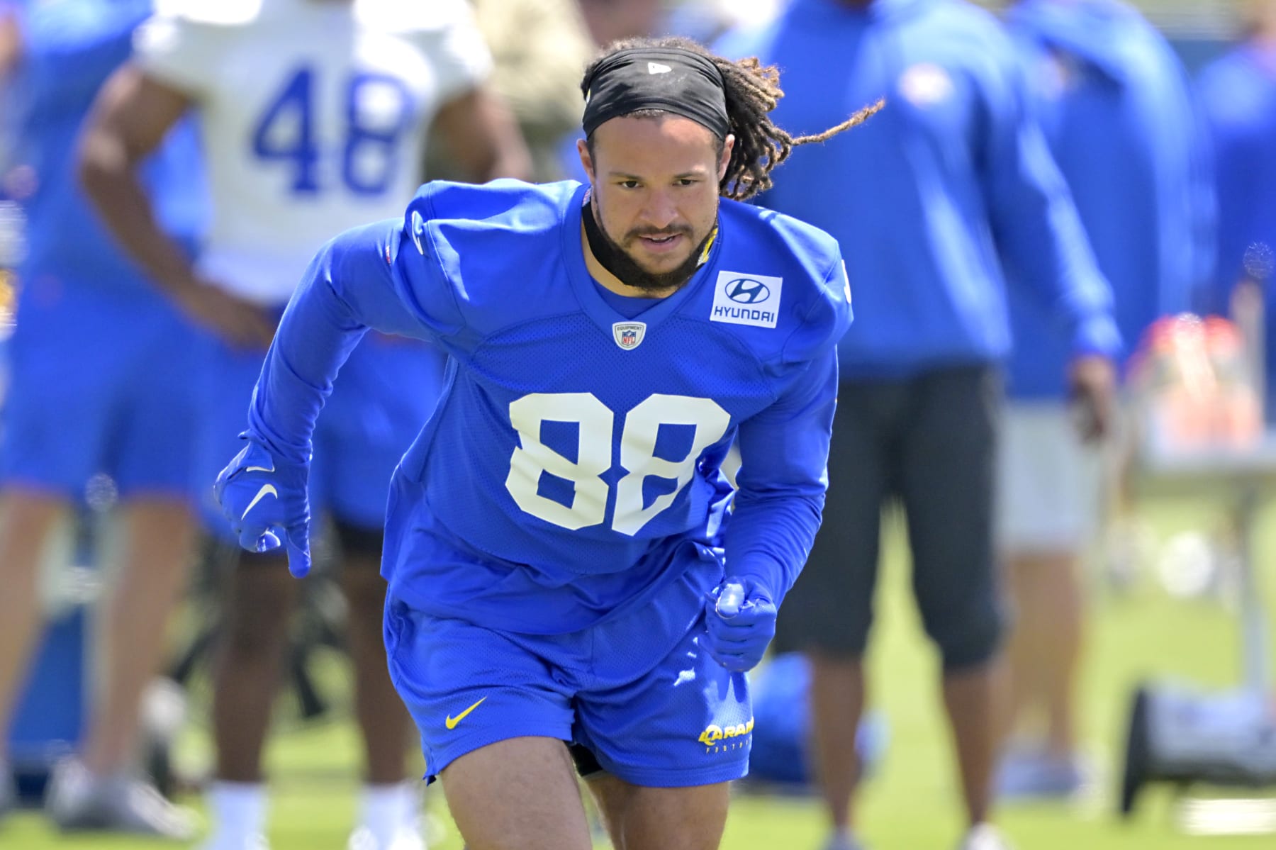 THOUSAND OAKS, CALIFORNIA - MAY 21:  Wide receiver Jordan Whittington #88 of the Los Angeles Rams participates in drills during OTAs on May 21, 2024 at Cal Lutheran University in Thousand Oaks, California. (Photo by Jayne Kamin-Oncea/Getty Images)