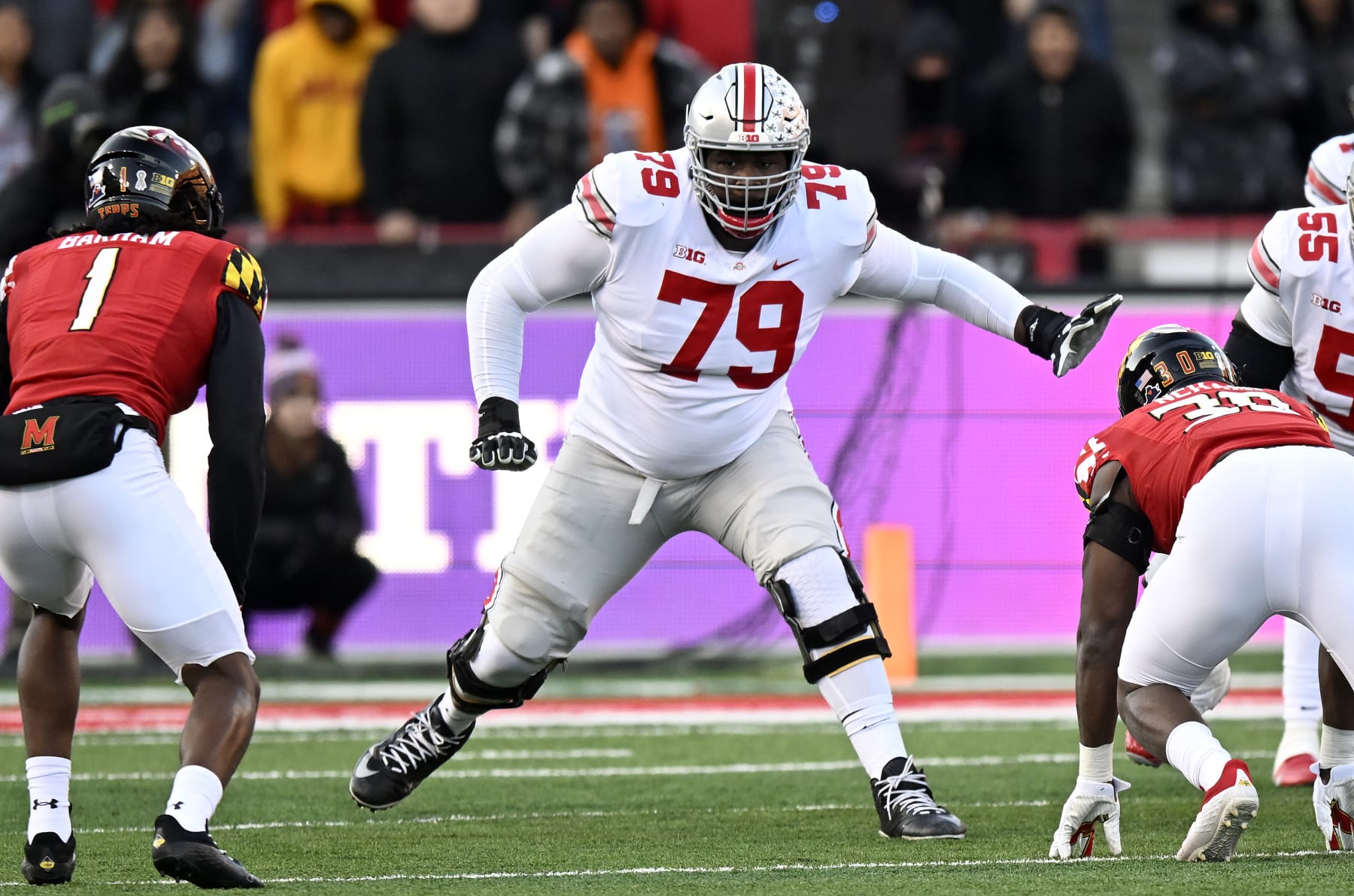 COLLEGE PARK, MARYLAND - NOVEMBER 19: Dawand Jones #79 of the Ohio State Buckeyes blocks against the Maryland Terrapins at SECU Stadium on November 19, 2022 in College Park, Maryland. (Photo by G Fiume/Getty Images)