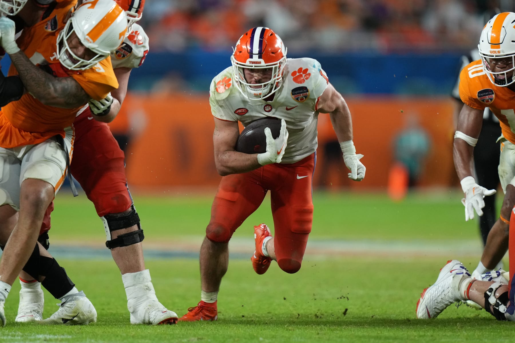 MIAMI GARDENS, FL - DECEMBER 30: Clemson Tigers running back Will Shipley (1) looks for an opening as he rushes in the second half during the Capital One Orange Bowl game between the Tennessee Volunteers and the Clemson Tigers on Friday, December 20, 2022 at Hard Rock Stadium, Miami Gardens, Fla. (Photo by Peter Joneleit/Icon Sportswire via Getty Images)