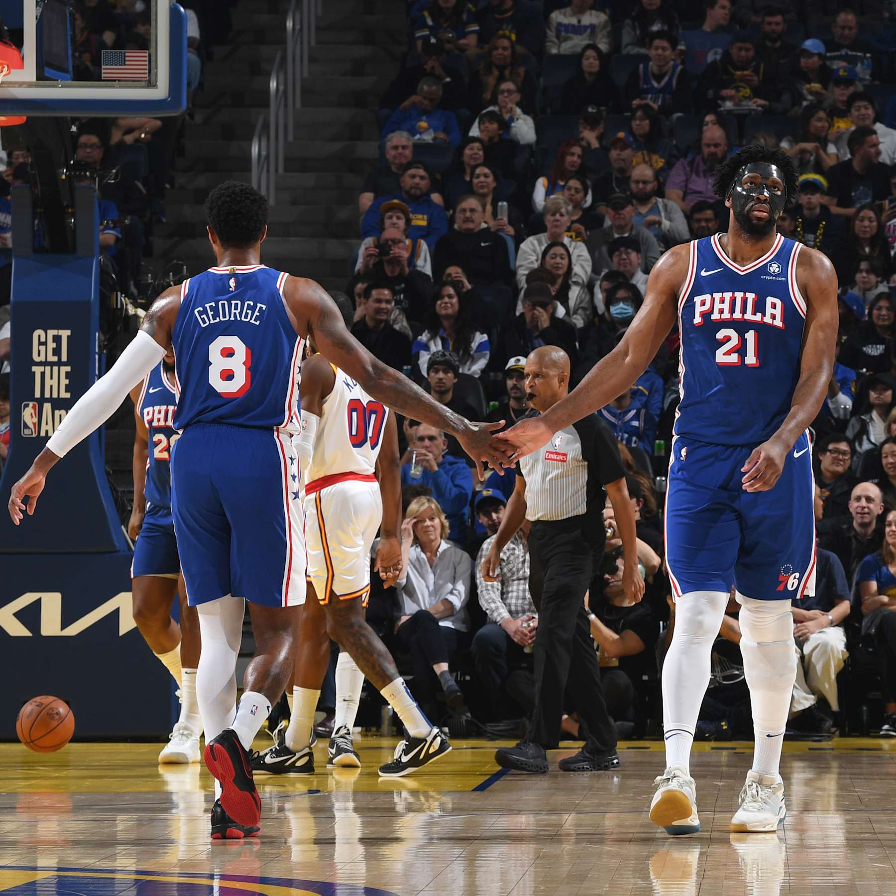 SAN FRANCISCO, CA - JANUARY 2: Paul George #8 and Joel Embiid #21 of the Philadelphia 76ers high five during the game against the Golden State Warriors on January 2, 2025 at Chase Center in San Francisco, California. NOTE TO USER: User expressly acknowledges and agrees that, by downloading and or using this photograph, user is consenting to the terms and conditions of Getty Images License Agreement. Mandatory Copyright Notice: Copyright 2025 NBAE (Photo by Noah Graham/NBAE via Getty Images) SAN FRANCISCO, CA - JANUARY 2: Paul George #8 and Joel Embiid #21 of the Philadelphia 76ers high five during the game against the Golden State Warriors on January 2, 2025 at Chase Center in San Francisco, California. NOTE TO USER: User expressly acknowledges and agrees that, by downloading and or using this photograph, user is consenting to the terms and conditions of Getty Images License Agreement. Mandatory Copyright Notice: Copyright 2025 NBAE (Photo by Noah Graham/NBAE via Getty Images)
