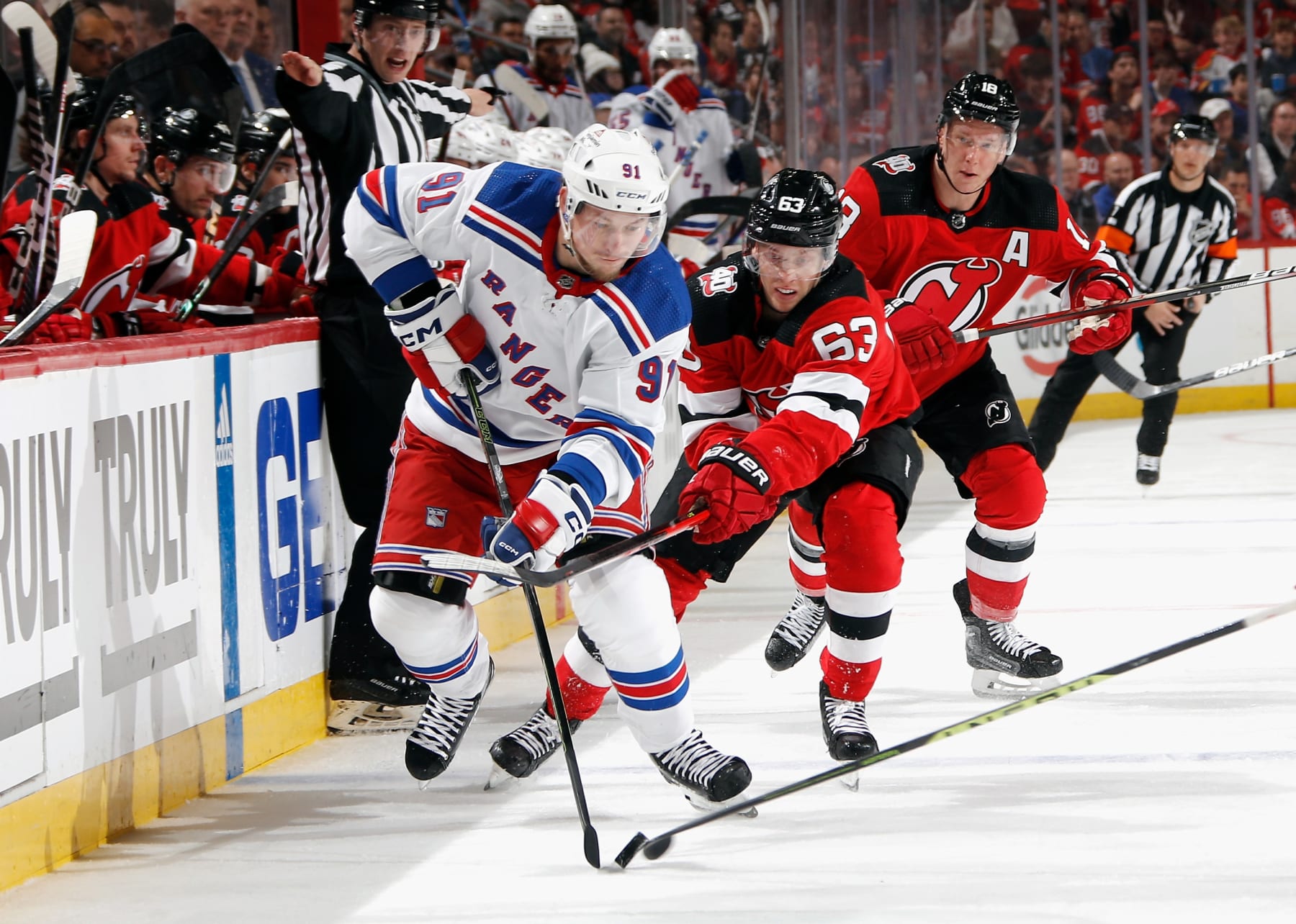 NEWARK, NEW JERSEY - APRIL 18: Vladimir Tarasenko #91 of the New York Rangers skates against the New Jersey Devils during Game One in the First Round of the 2023 Stanley Cup Playoffs at the Prudential Center on April 18, 2023 in Newark, New Jersey. (Photo by Bruce Bennett/Getty Images)