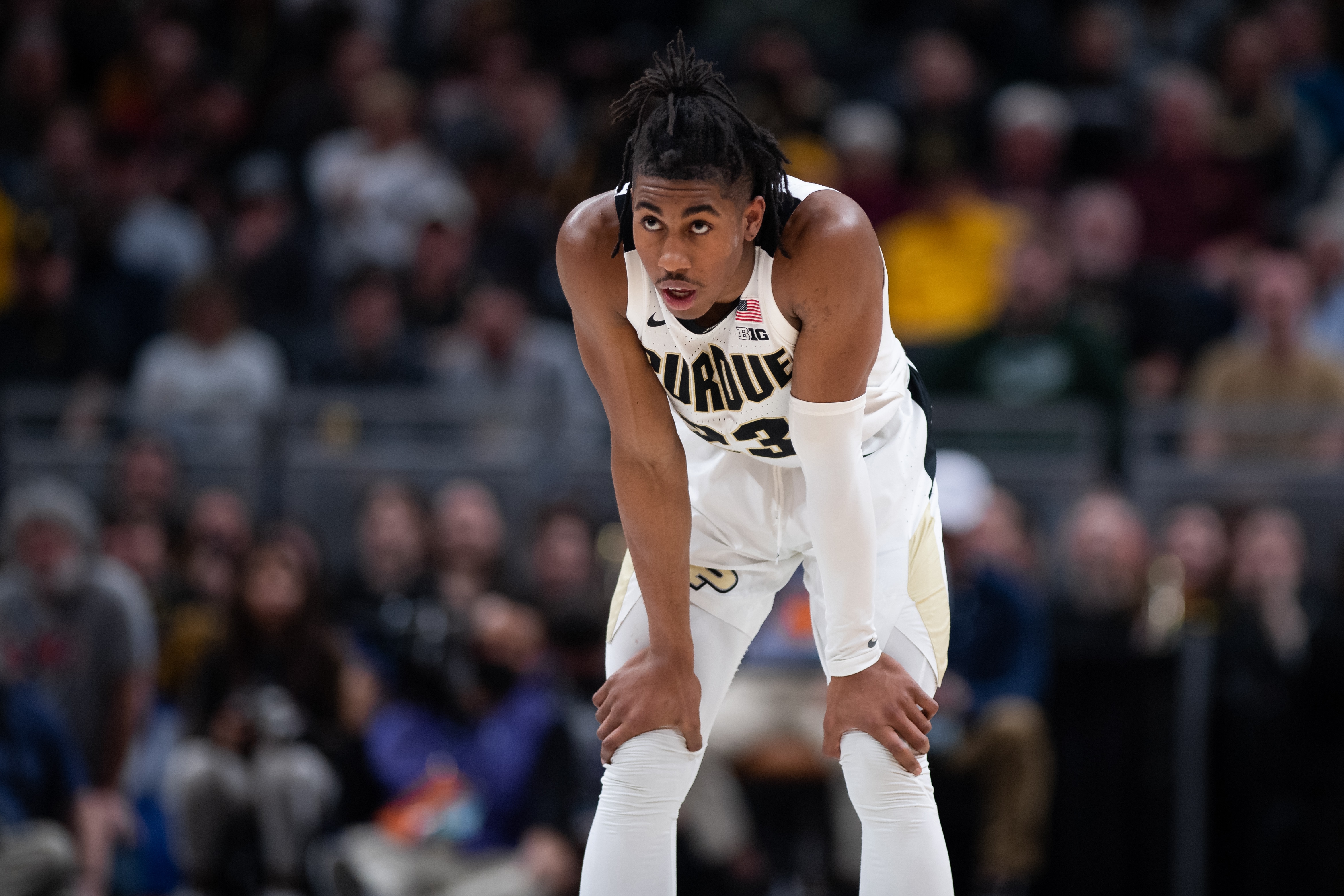 INDIANAPOLIS, IN - MARCH 13: Purdue Boilermakers guard Jaden Ivey (23) looks down the court during the mens Big Ten tournament college basketball game between the Iowa Hawkeyes and Purdue Boilermakers on March 13, 2022, at Gainbridge Fieldhouse in Indianapolis, IN. (Photo by Zach Bolinger/Icon Sportswire via Getty Images)