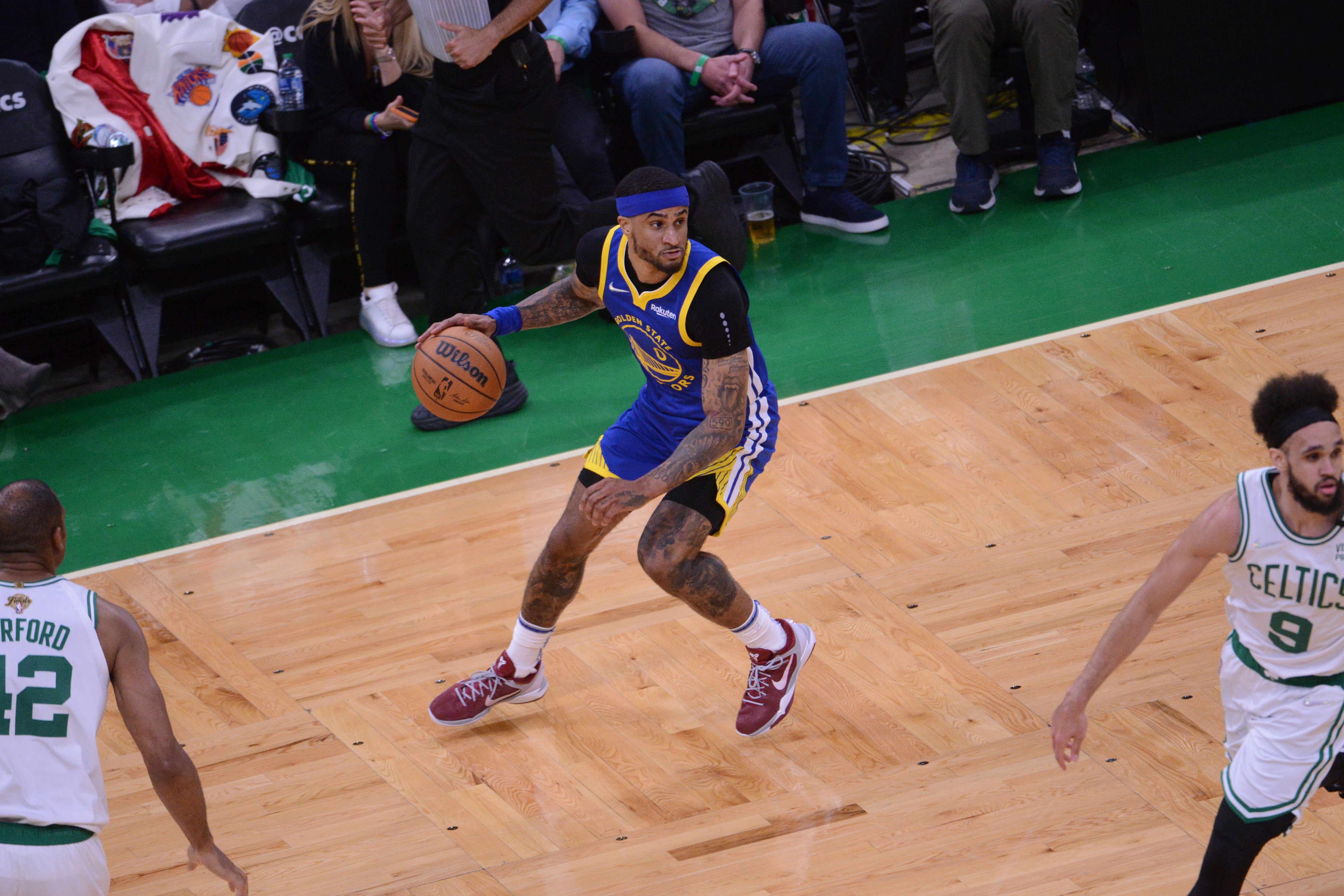 BOSTON, MA - JUNE 16: Gary Payton II #0 of the Golden State Warriors dribbles the ball during Game Six of the 2022 NBA Finals on June 16, 2022 at TD Garden in Boston, Massachusetts. NOTE TO USER: User expressly acknowledges and agrees that, by downloading and or using this photograph, user is consenting to the terms and conditions of Getty Images License Agreement. Mandatory Copyright Notice: Copyright 2022 NBAE (Photo by Noah Graham/NBAE via Getty Images) BOSTON, MA - JUNE 16: Gary Payton II #0 of the Golden State Warriors dribbles the ball during Game Six of the 2022 NBA Finals on June 16, 2022 at TD Garden in Boston, Massachusetts. NOTE TO USER: User expressly acknowledges and agrees that, by downloading and or using this photograph, user is consenting to the terms and conditions of Getty Images License Agreement. Mandatory Copyright Notice: Copyright 2022 NBAE (Photo by Noah Graham/NBAE via Getty Images)