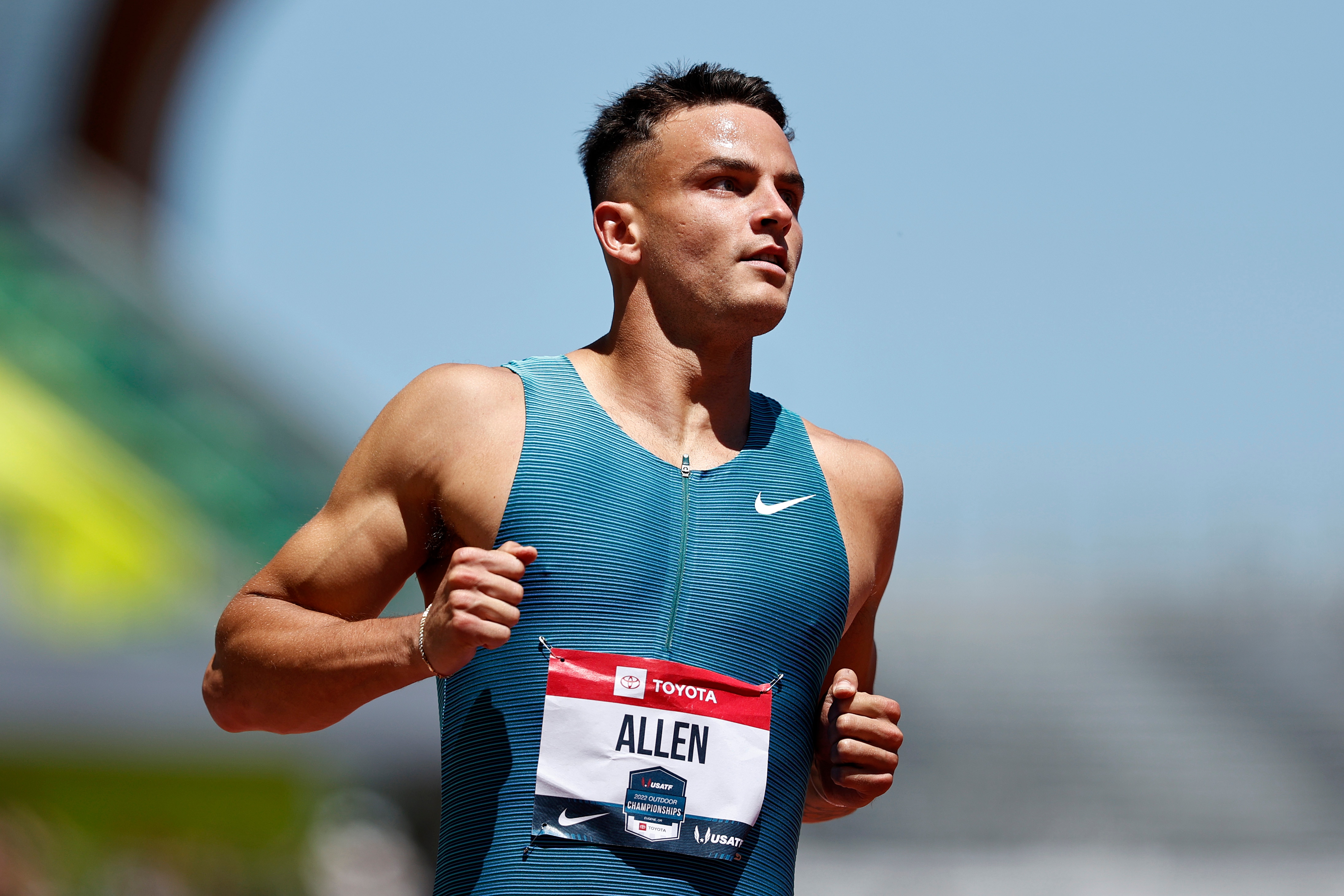 EUGENE, OREGON - JUNE 25: Devon Allen competes in the men's 110 meter hurdles first round during the 2022 USATF Outdoor Championships at Hayward Field on June 25, 2022 in Eugene, Oregon. (Photo by Steph Chambers/Getty Images)