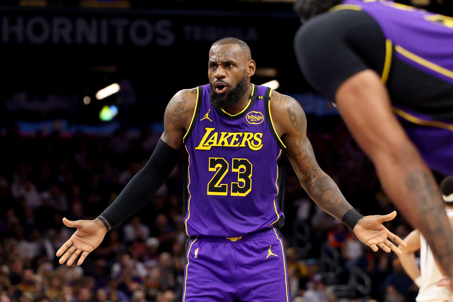 PHOENIX, ARIZONA - OCTOBER 28: LeBron James #23 of the Los Angeles Lakers reacts during the second half against the Phoenix Suns at Footprint Center on October 28, 2024 in Phoenix, Arizona. NOTE TO USER: User expressly acknowledges and agrees that, by downloading and or using this photograph, User is consenting to the terms and conditions of the Getty Images License Agreement. (Photo by Christian Petersen/Getty Images)