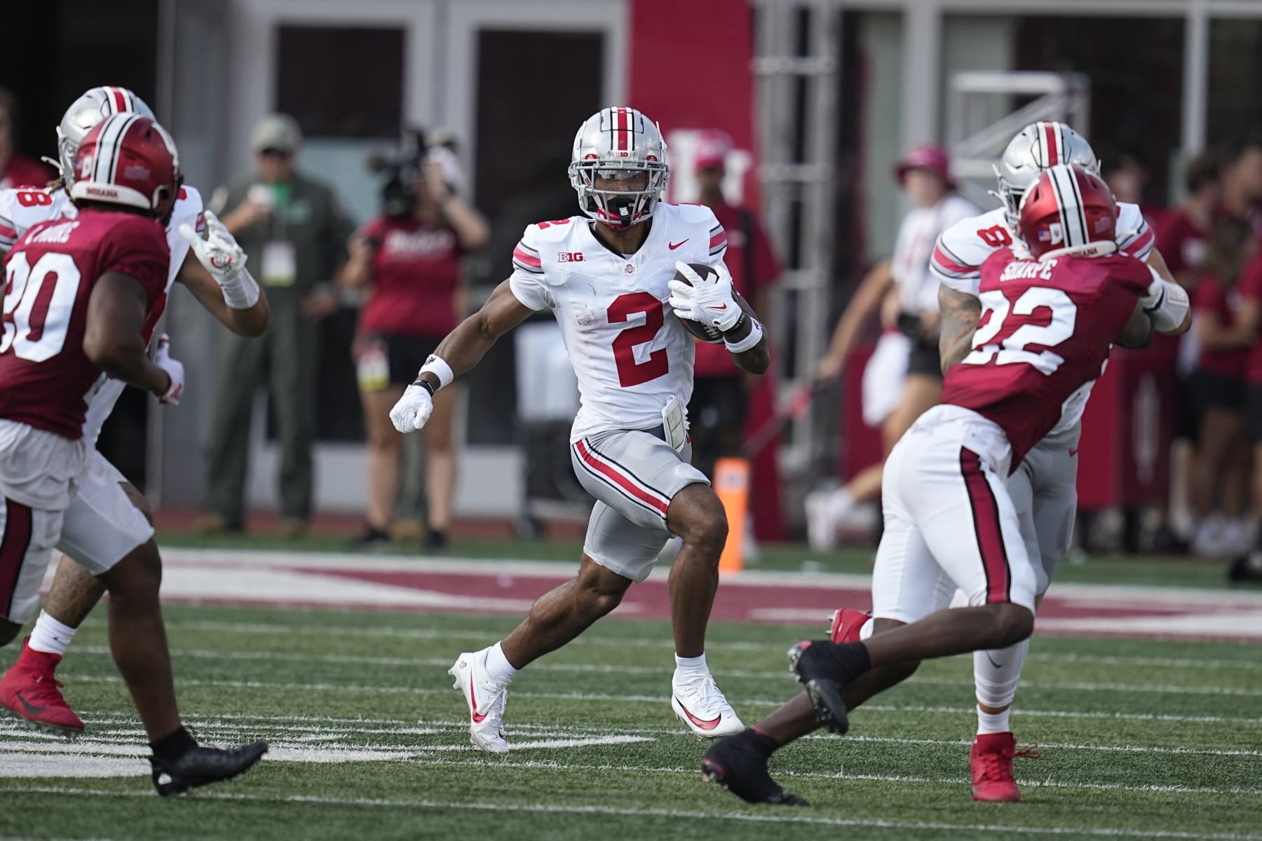 Ohio State wide receiver Emeka Egbuka (2) runs during the second half of an NCAA college football game against Indiana, Saturday, Sept. 2, 2023, in Bloomington, Ind. (AP Photo/Darron Cummings)