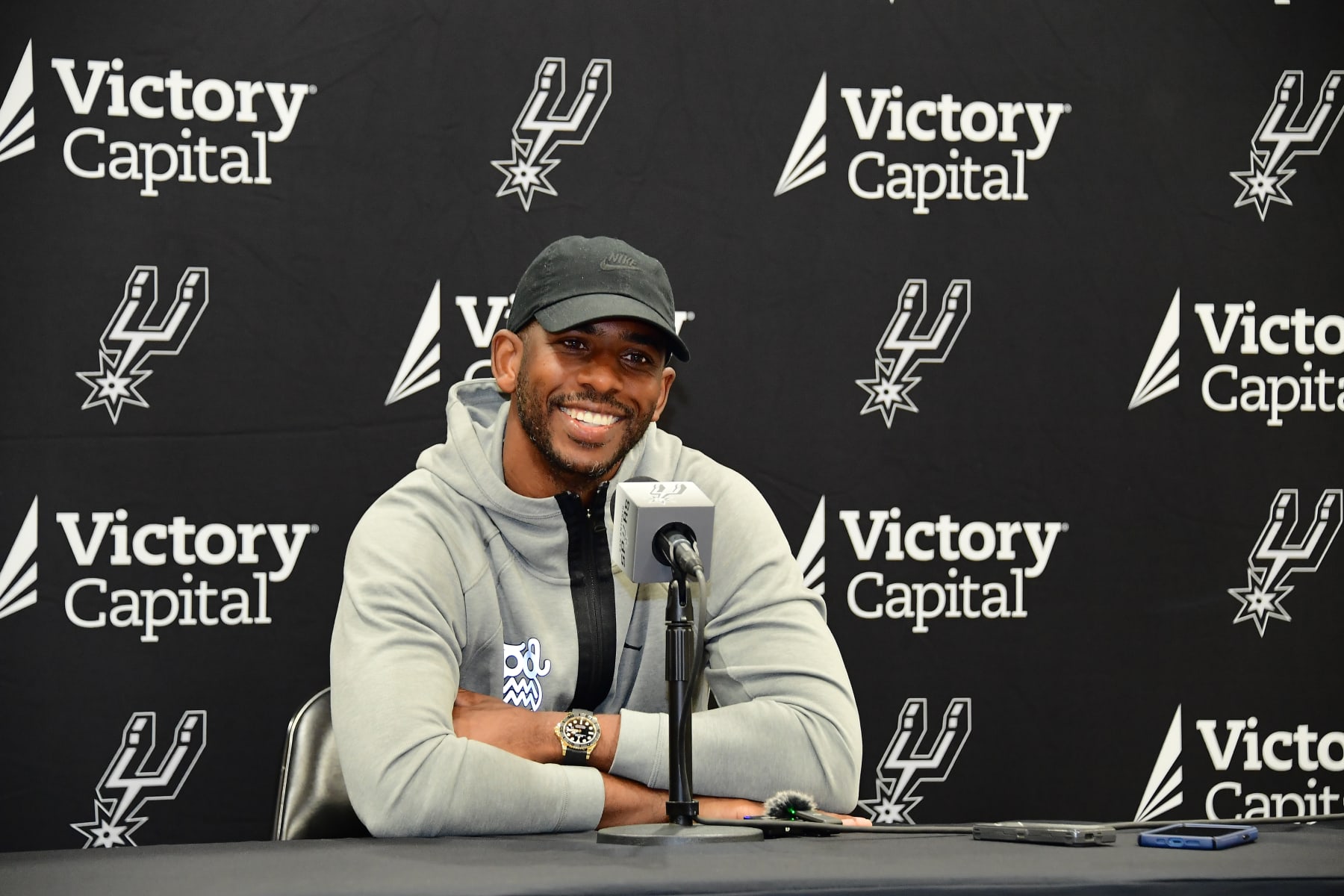 San Antonio TX, - July 9, 2024: Chris Paul talks to the media during the Spurs Press Conference July 9, 2024 at the Victory Capital Center in San Antonio Texas. NOTE TO USER: User expressly acknowledges and agrees that, by downloading and or using this photograph, user is consenting to the terms and conditions of the Getty Images License Agreement. Mandatory Copyright Notice: Copyright 2024 NBAE (Photos by Michael Gonzales/NBAE via Getty Images)
