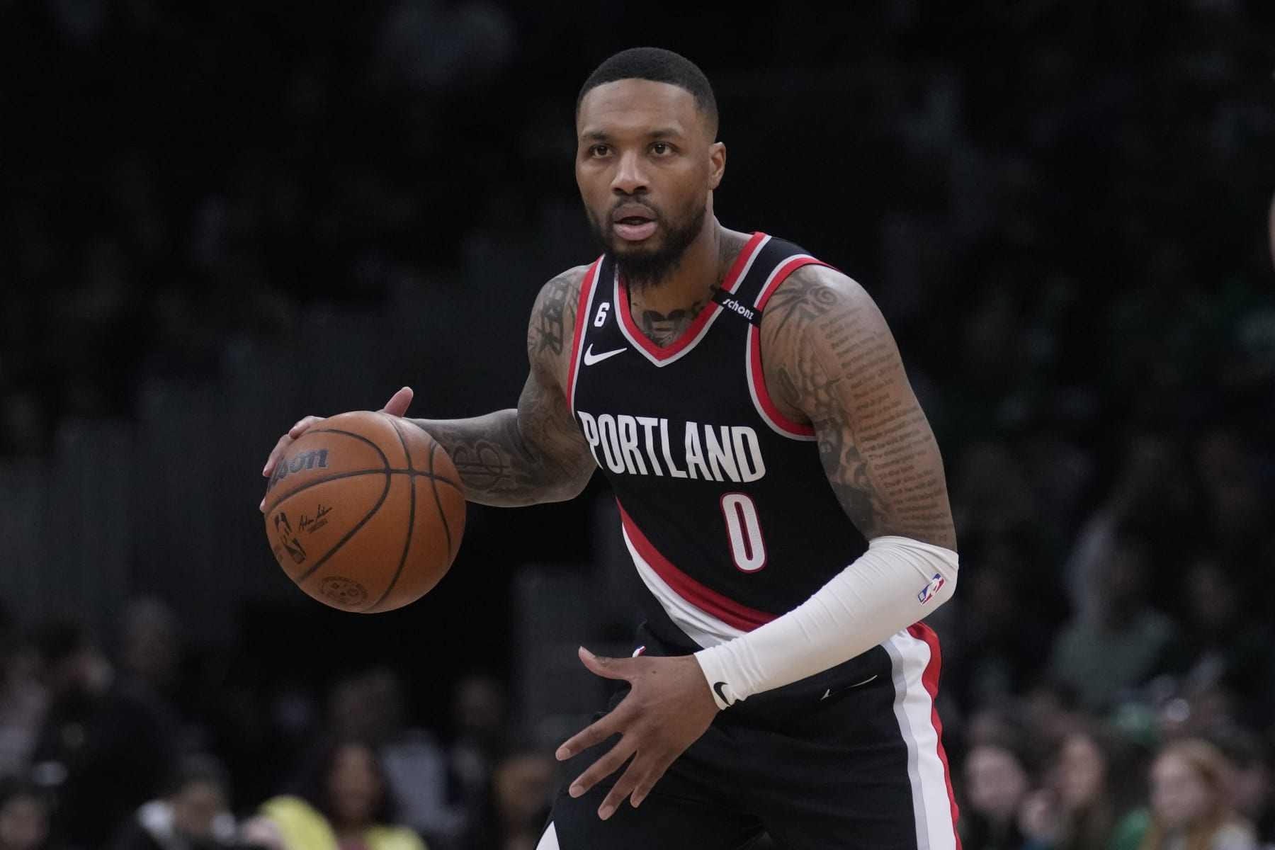 Portland Trail Blazers forward Damian Lillard during an NBA basketball game, Wednesday, March 8, 2023, in Boston. (AP Photo/Charles Krupa)