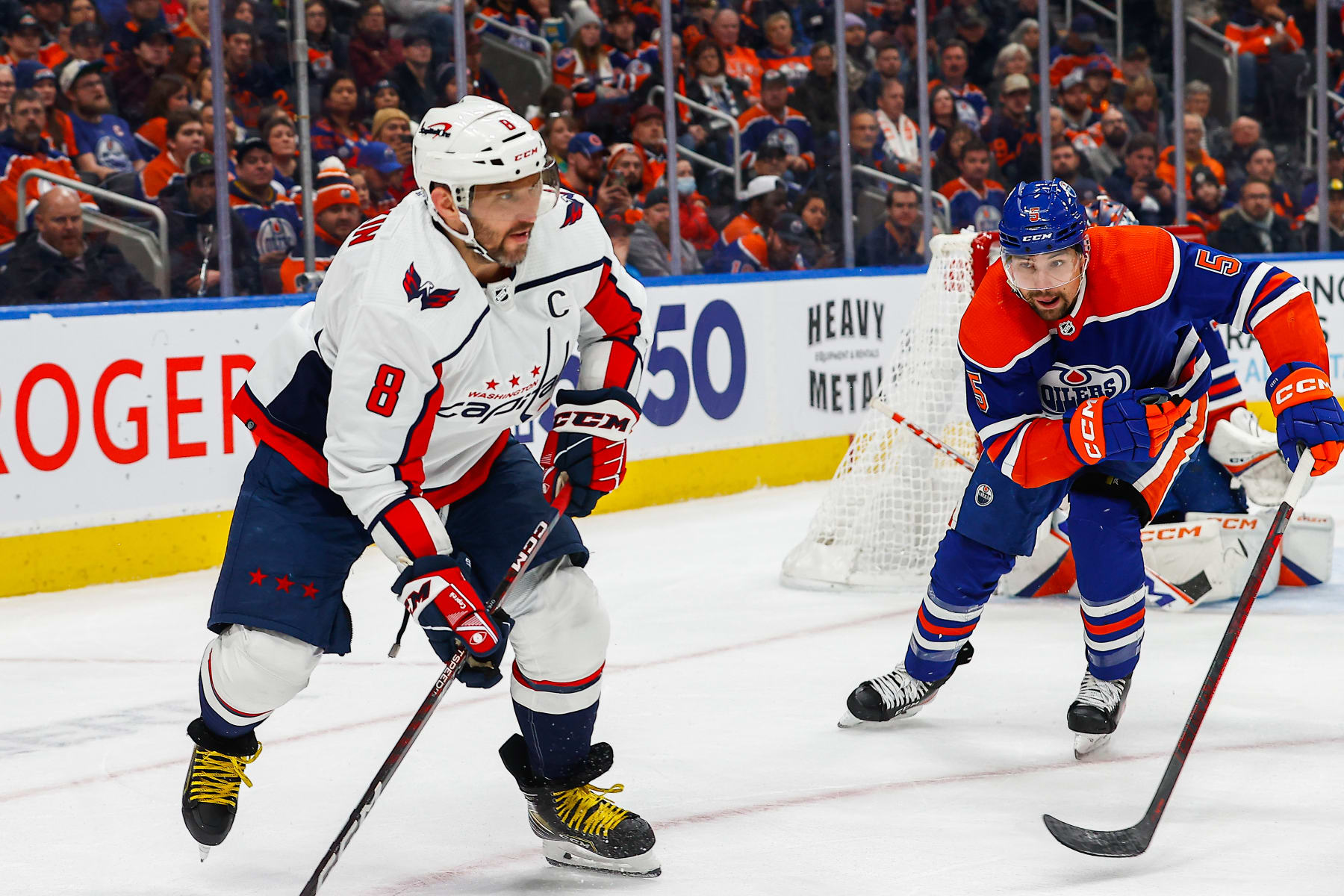 EDMONTON, AB - DECEMBER 5: Washington Capitals Left Wing Alex Ovechkin (8) makes a pass in the second period during the Edmonton Oilers game versus the Washington Capitals on December 5, 2022 at Rogers Place in Edmonton, AB. (Photo by Curtis Comeau/Icon Sportswire via Getty Images)