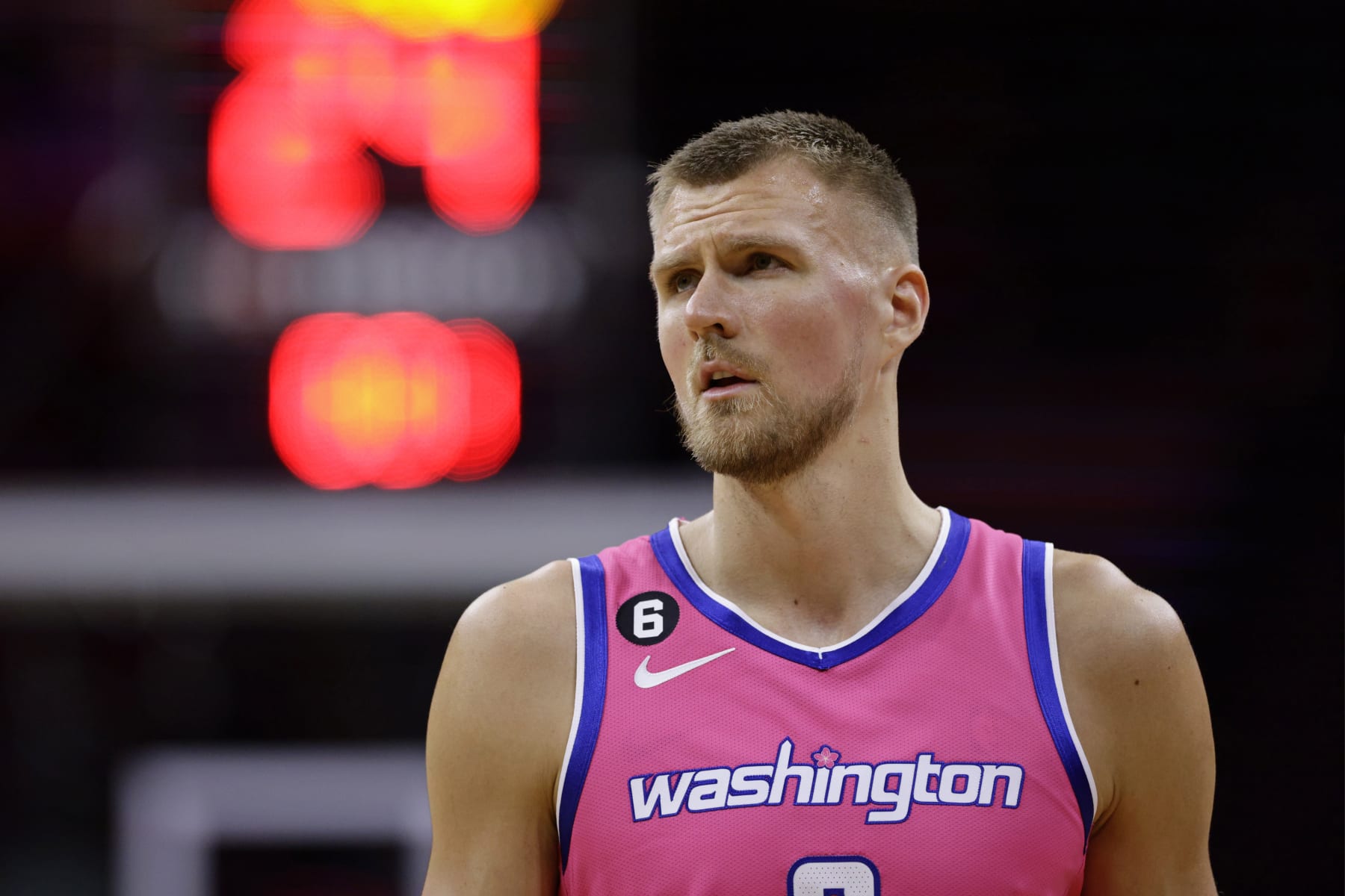 PHILADELPHIA, PA - MARCH 12: Kristaps Porzingis #6 of the Washington Wizards in action against the Philadelphia 76ers during a game at Wells Fargo Center on March 12, 2023 in Philadelphia, Pennsylvania. The 76ers defeated the Wizards 112-93. NOTE TO USER: User expressly acknowledges and agrees that, by downloading and or using this photograph, User is consenting to the terms and conditions of the Getty Images License Agreement. (Photo by Rich Schultz/Getty Images)