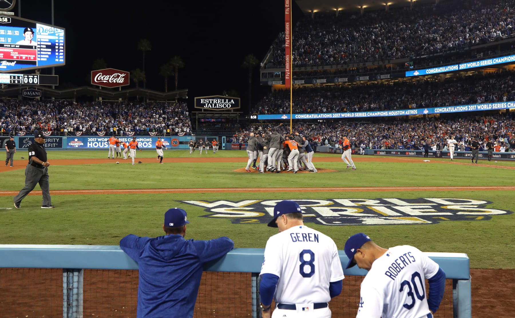 LOS ANGELES, CA - NOVEMBER 01: The Houston Astros celebrate defeating the Los Angeles Dodgers 5-1 in game seven to win the 2017 World Series at Dodger Stadium on November 1, 2017 in Los Angeles, California. (Photo by Jerritt Clark/Getty Images)