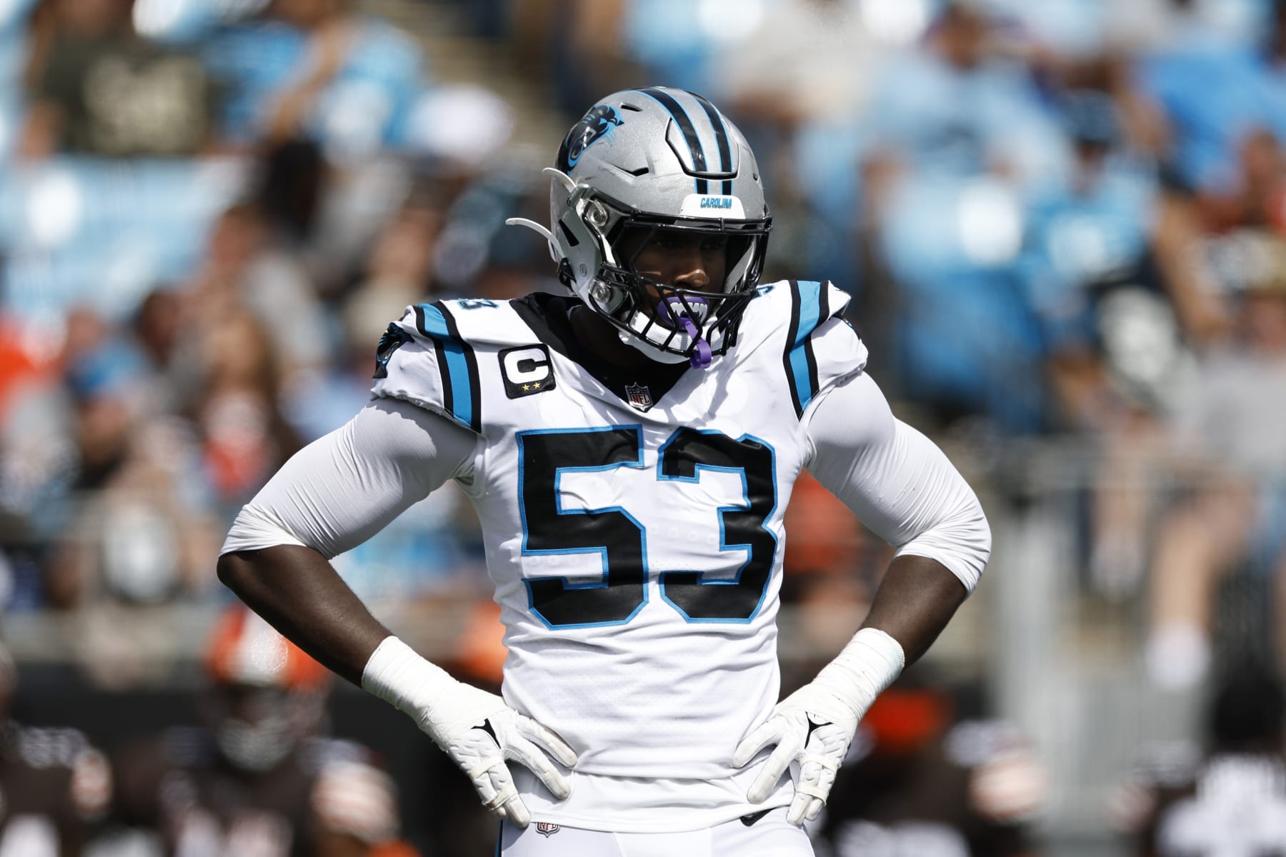 CHARLOTTE, NORTH CAROLINA - SEPTEMBER 11: Defensive end Brian Burns #53 of the Carolina Panthers looks on during the second half of their NFL game against the Cleveland Browns at Bank of America Stadium on September 11, 2022 in Charlotte, North Carolina. (Photo by Jared C. Tilton/Getty Images)