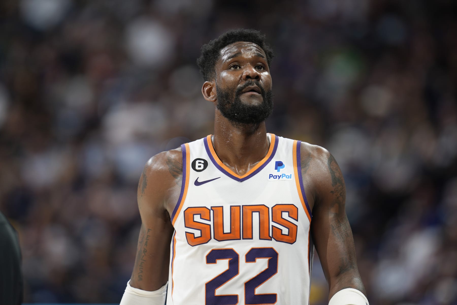 Phoenix Suns center Deandre Ayton (22) in the second half of Game 1 of an NBA second-round basketball series Saturday, April 29, 2023, in Denver. (AP Photo/David Zalubowski)