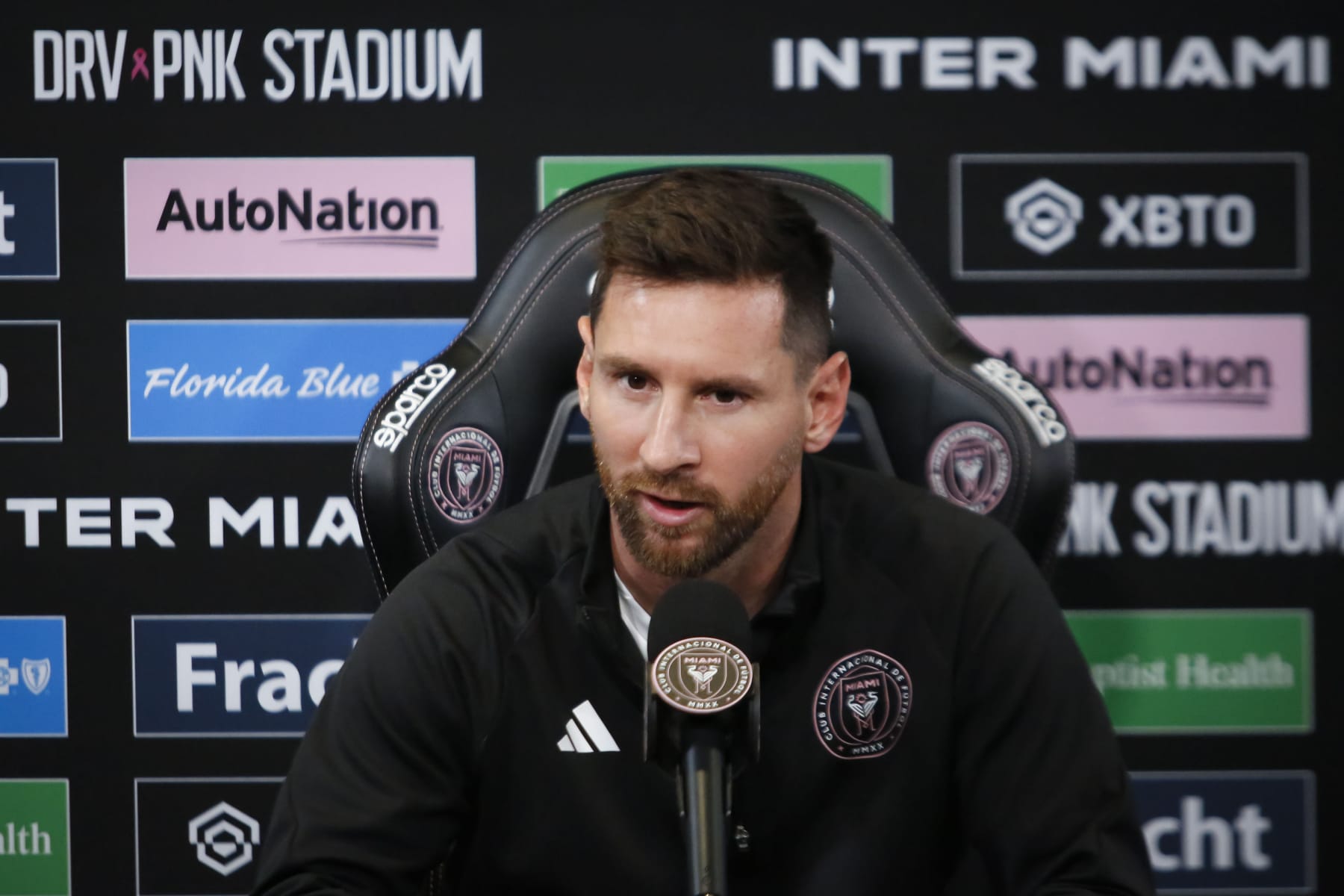 FORT LAUDERDALE, FLORIDA - AUGUST 17: Lionel Messi of Inter Miami CF speaks during a news conference at DRV PNK Stadium on August 17, 2023 in Florida, USA. (Photo by Marco Bello/Anadolu Agency via Getty Images)