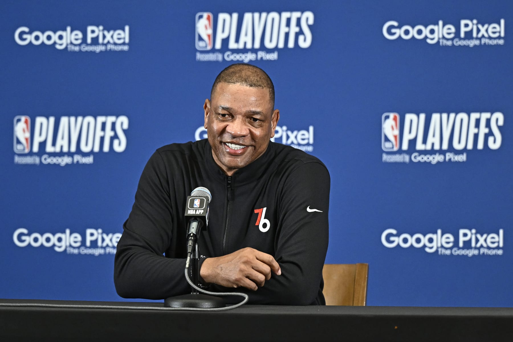 BOSTON, MA - MAY 9: Head Coach Doc Rivers of the Philadelphia 76ers talks to the media before Game Five of the Eastern Conference Semi-Finals of the 2023 NBA Playoffs  against the Boston Celtics on May 9, 2023 at the TD Garden in Boston, Massachusetts. NOTE TO USER: User expressly acknowledges and agrees that, by downloading and or using this photograph, User is consenting to the terms and conditions of the Getty Images License Agreement. Mandatory Copyright Notice: Copyright 2023 NBAE  (Photo by David Dow/NBAE via Getty Images)